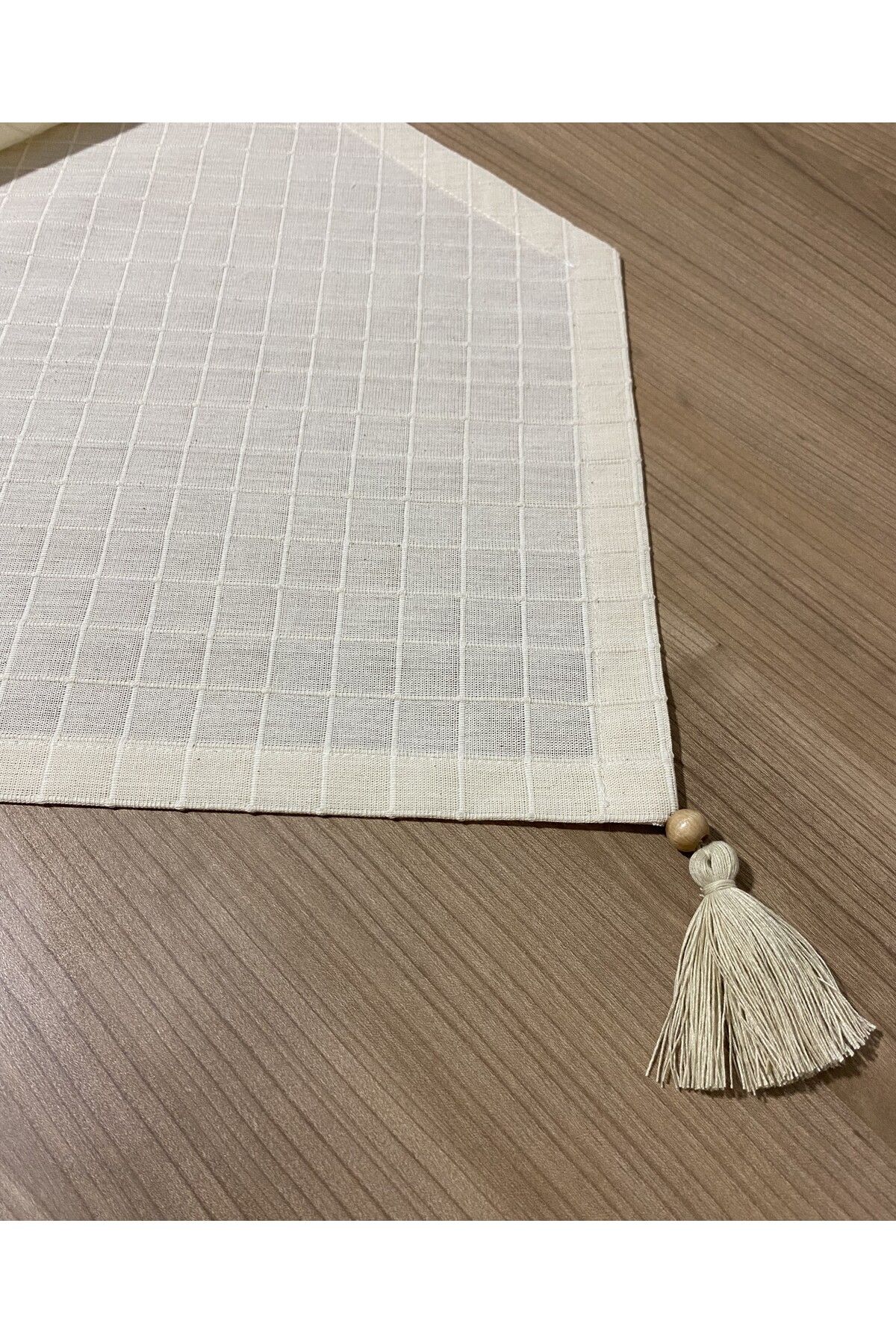 LILYUM-Square Patterned Raw Linen Runner 35X100 cm 4