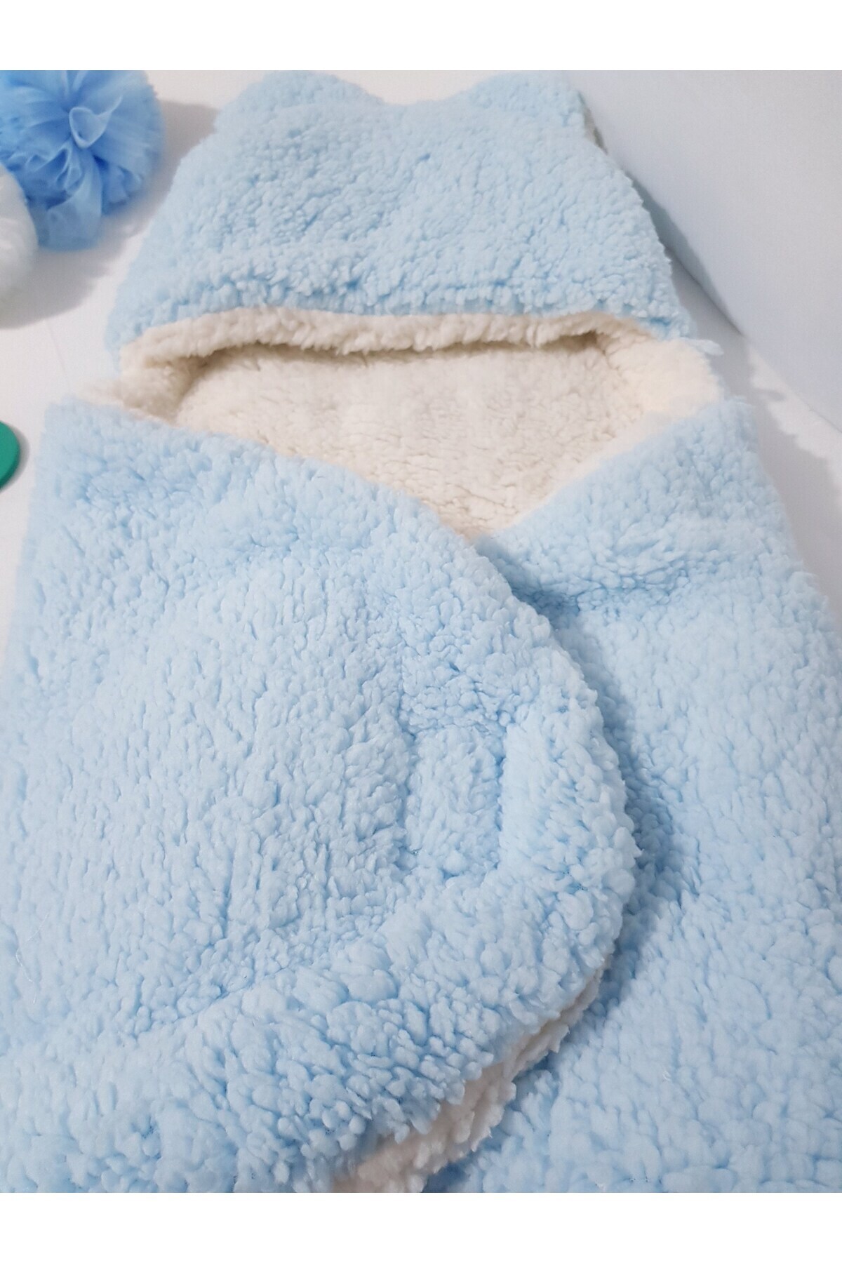 Baby Clime Bebek Dış Kundak Uyku Tulumu Mavi - Pelüş Kapüşonlu Çift Katman Ayaklı Model fotoğrafı 3 (önizleme)