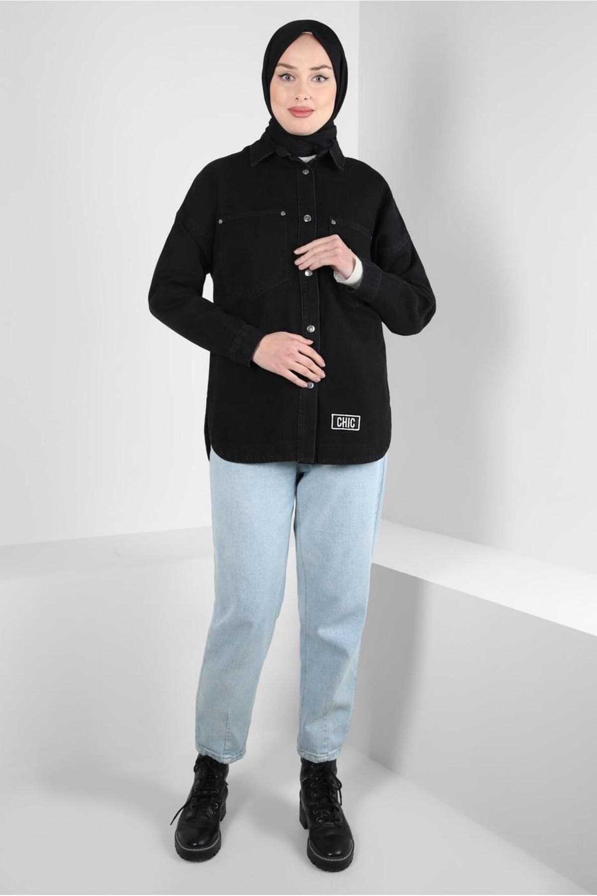 TRENDTESETTÜR-Women's BLACK DENIM SHIRT T 0501 2
