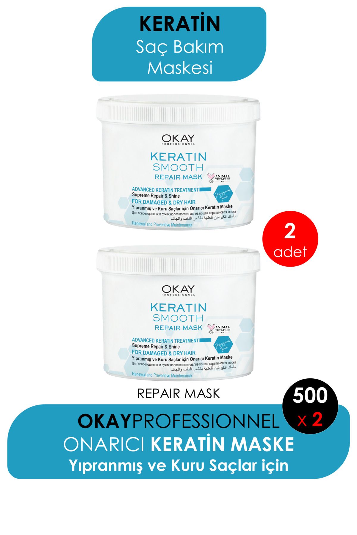 Okay Keratin Smooth Onarıcı Maske 500 ml X 2 Adet