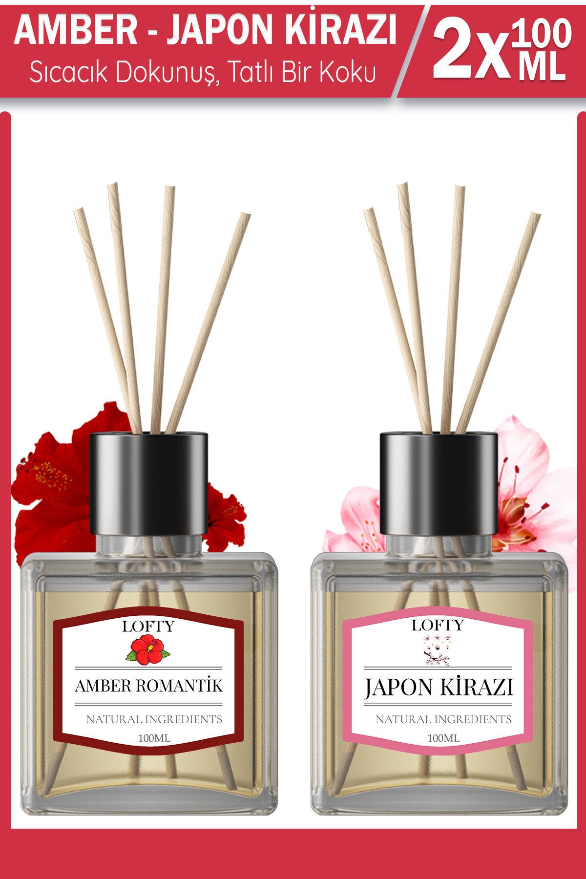 Japon kirazı ve Amber Bambu Çubuklu Oda Kokusu Banyo Tuvalet Yatak Odası Mutfak 2li set 100ml