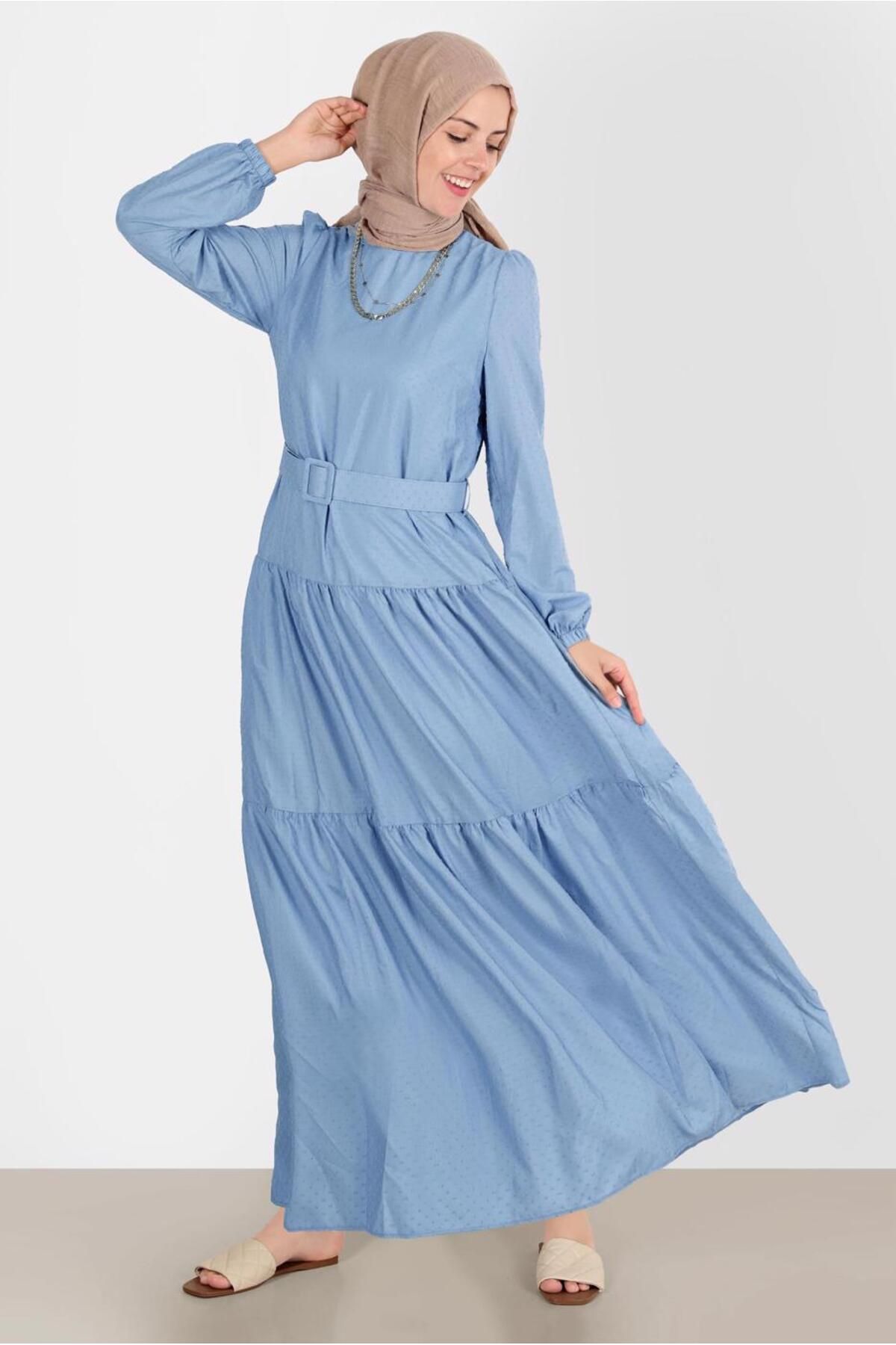 TRENDTESETTÜR-Blue Belted Hijab Dress - Women's T 42921 1