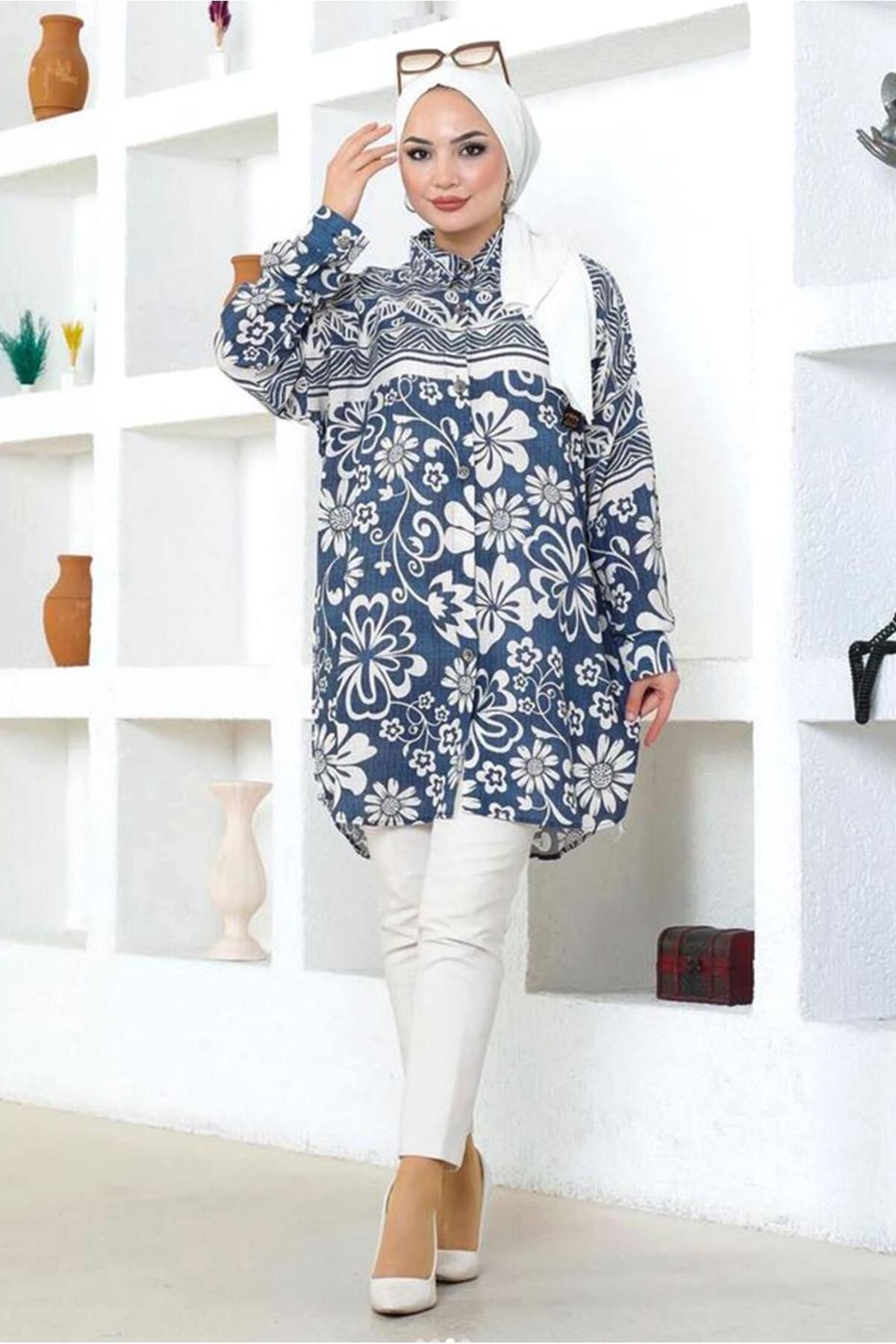 TRENDTESETTÜR-Navy Blue Patterned Cotton Tunic - Women's T 6644 2