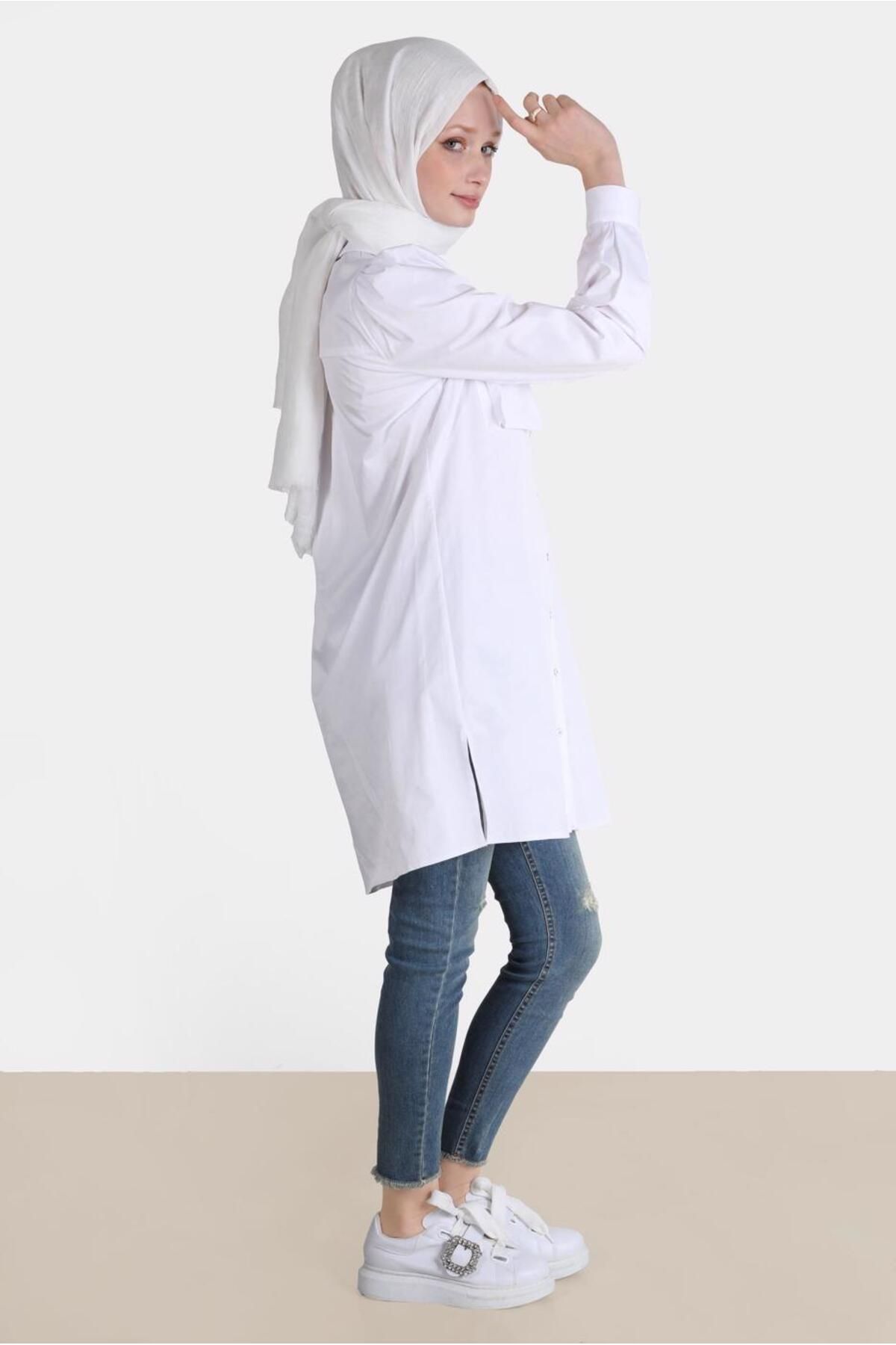 TRENDTESETTÜR-White Buttoned and Pocketed Women's Tunic - T 42639 2