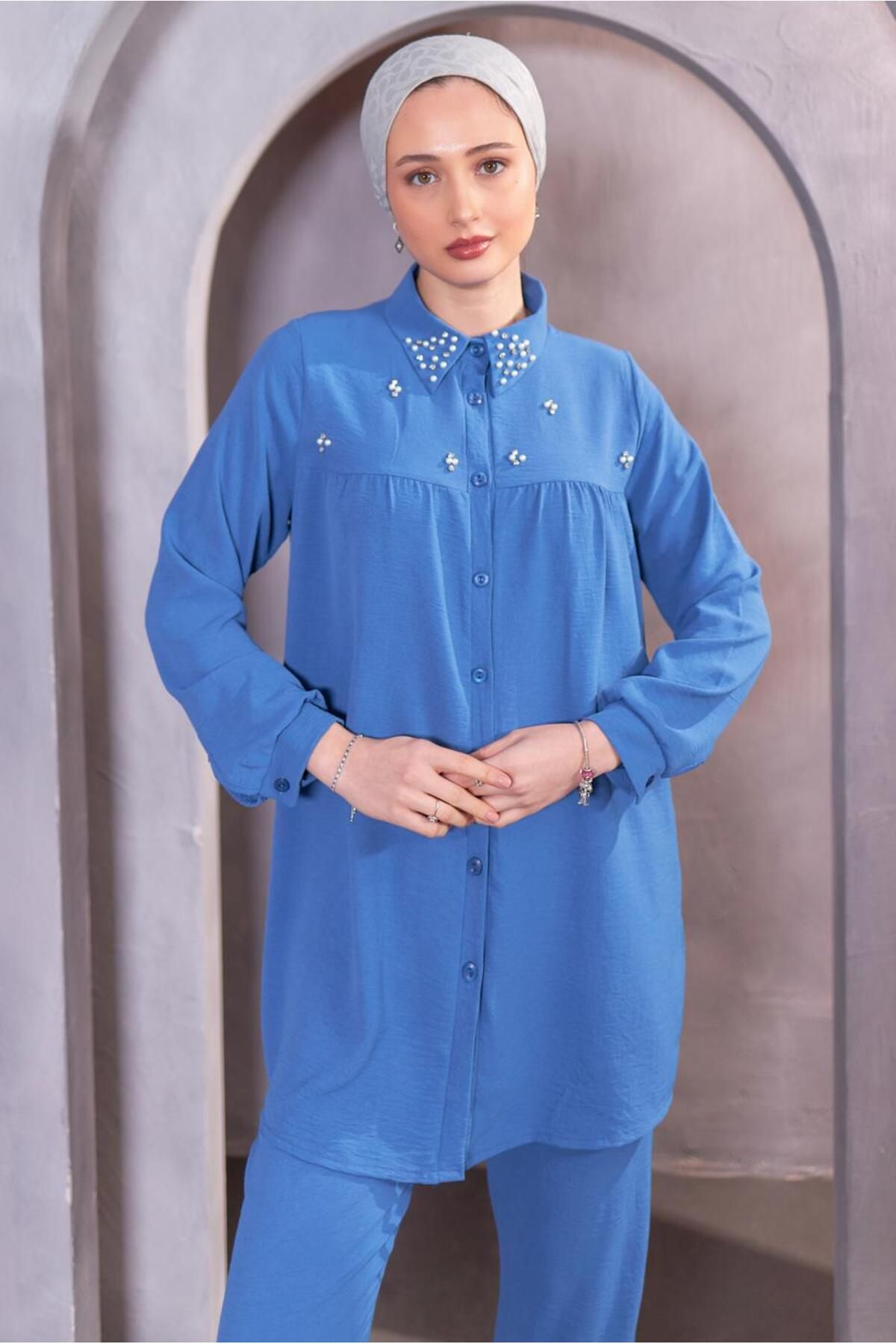 TRENDTESETTÜR-WOMEN'S BLUE STONE DETAILED PANT SUIT T 0093 3