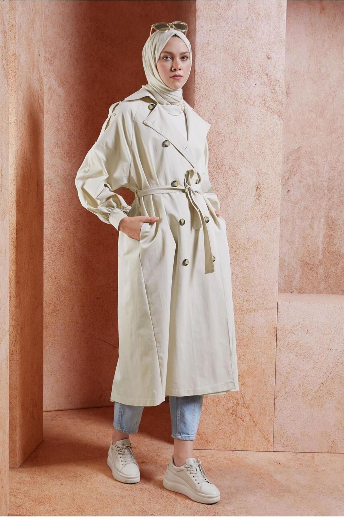 TRENDTESETTÜR-Beige Cotton Trench Coat - Stone Detailed Belt, T 6201 1