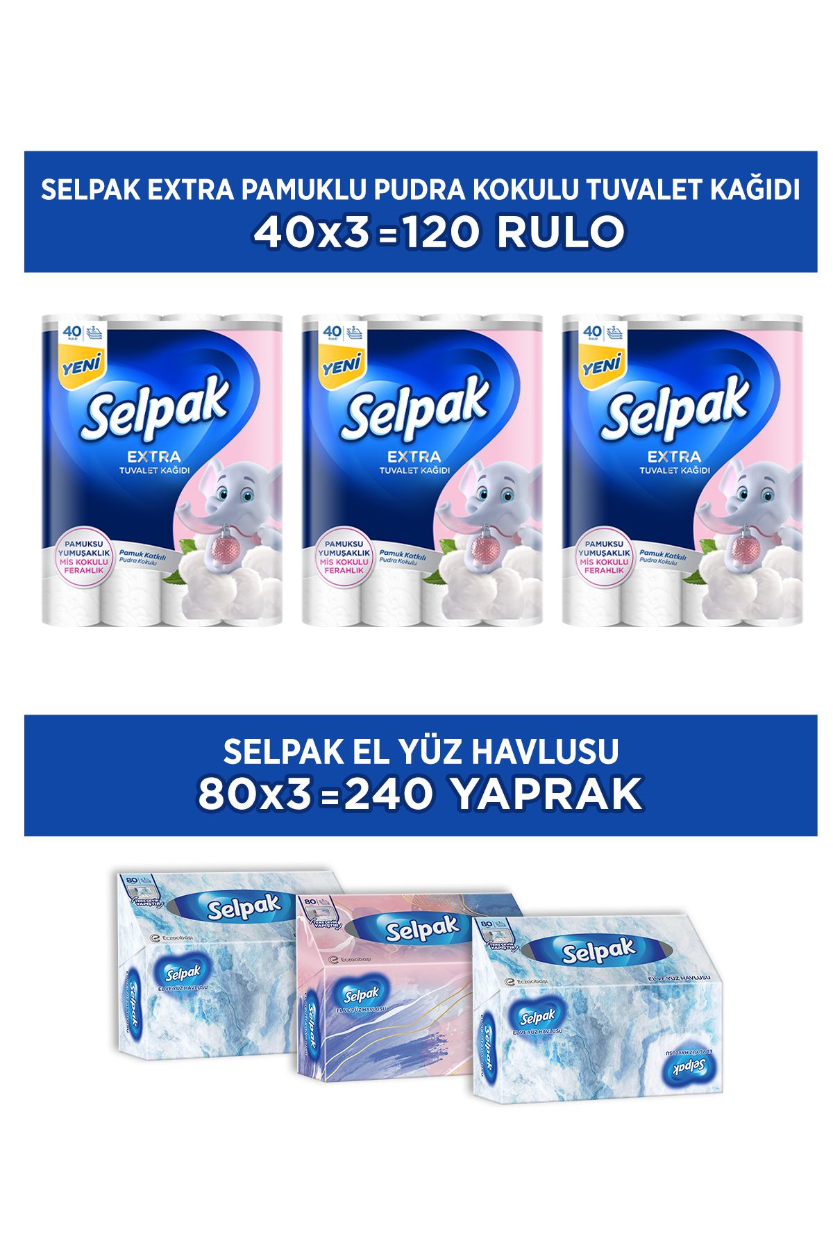 Selpak ® Pamuk Katkılı Pudra Kokulu 120'li Tuvalet Kağıdı & ® El Yüz Havlusu 3'lü Kutulu