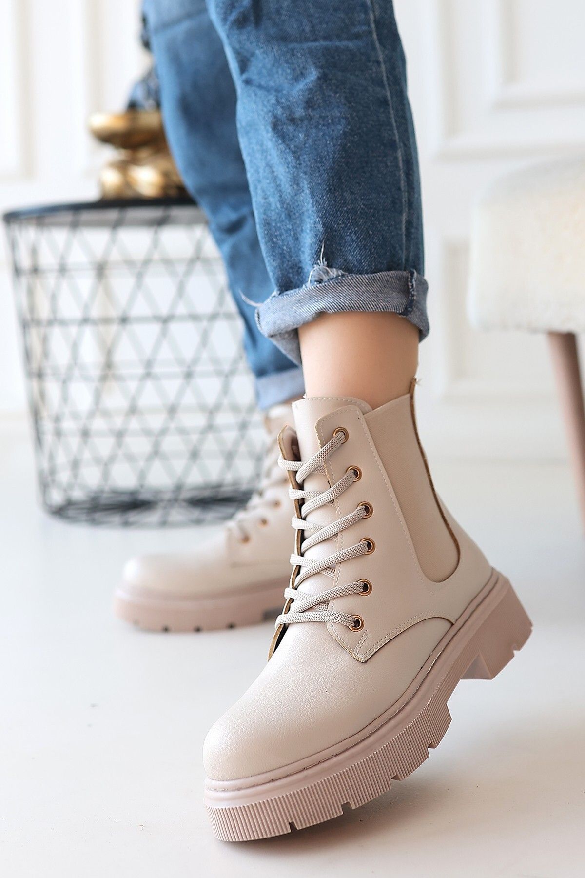 lavish-Gold Daum Beige Skin Lace up Boots 1