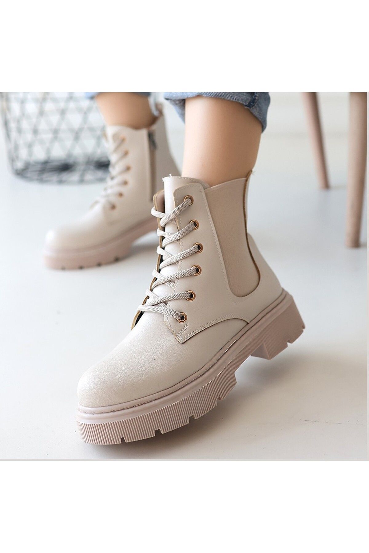 lavish-Gold Daum Beige Skin Lace up Boots 4