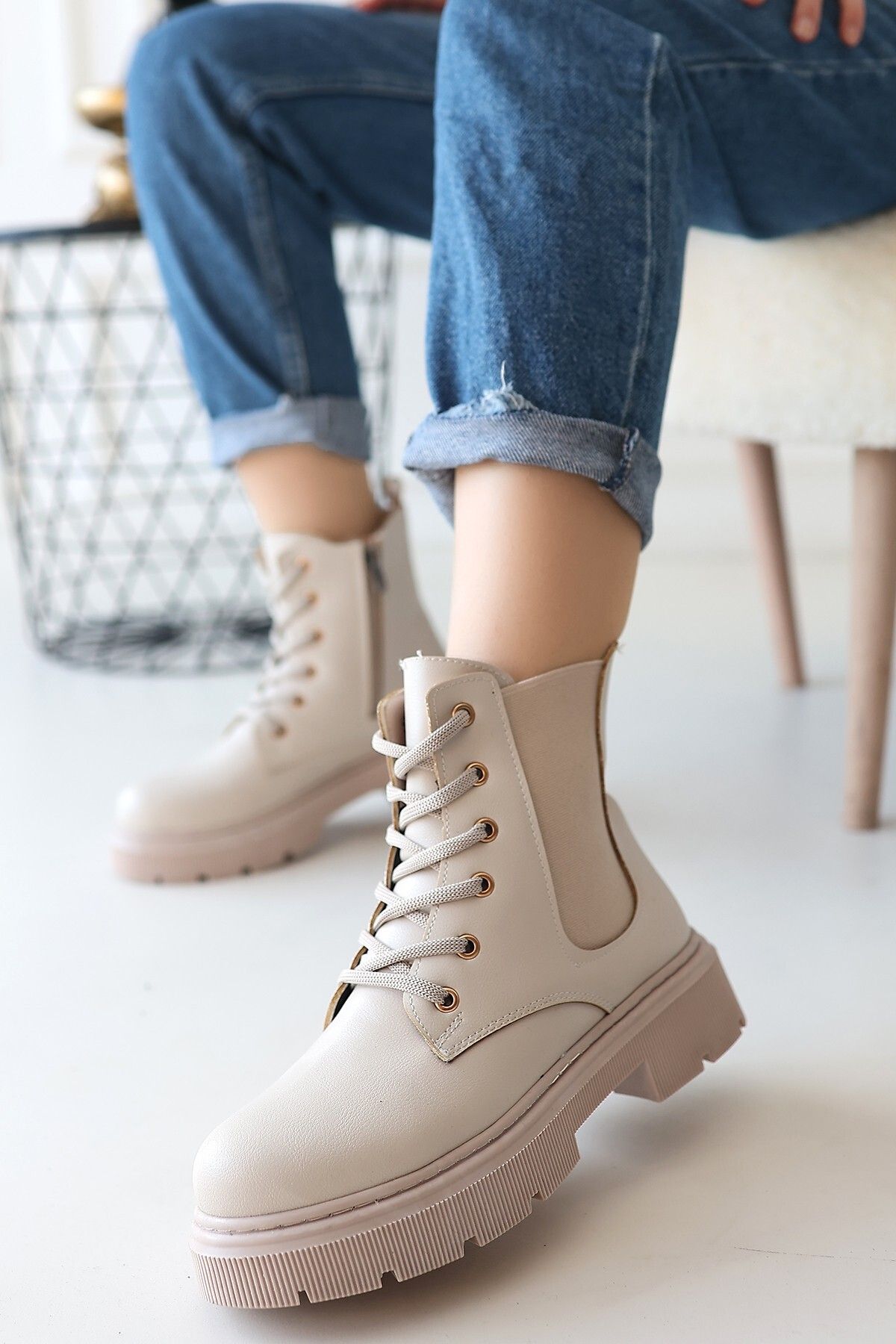 lavish-Gold Daum Beige Skin Lace up Boots 3