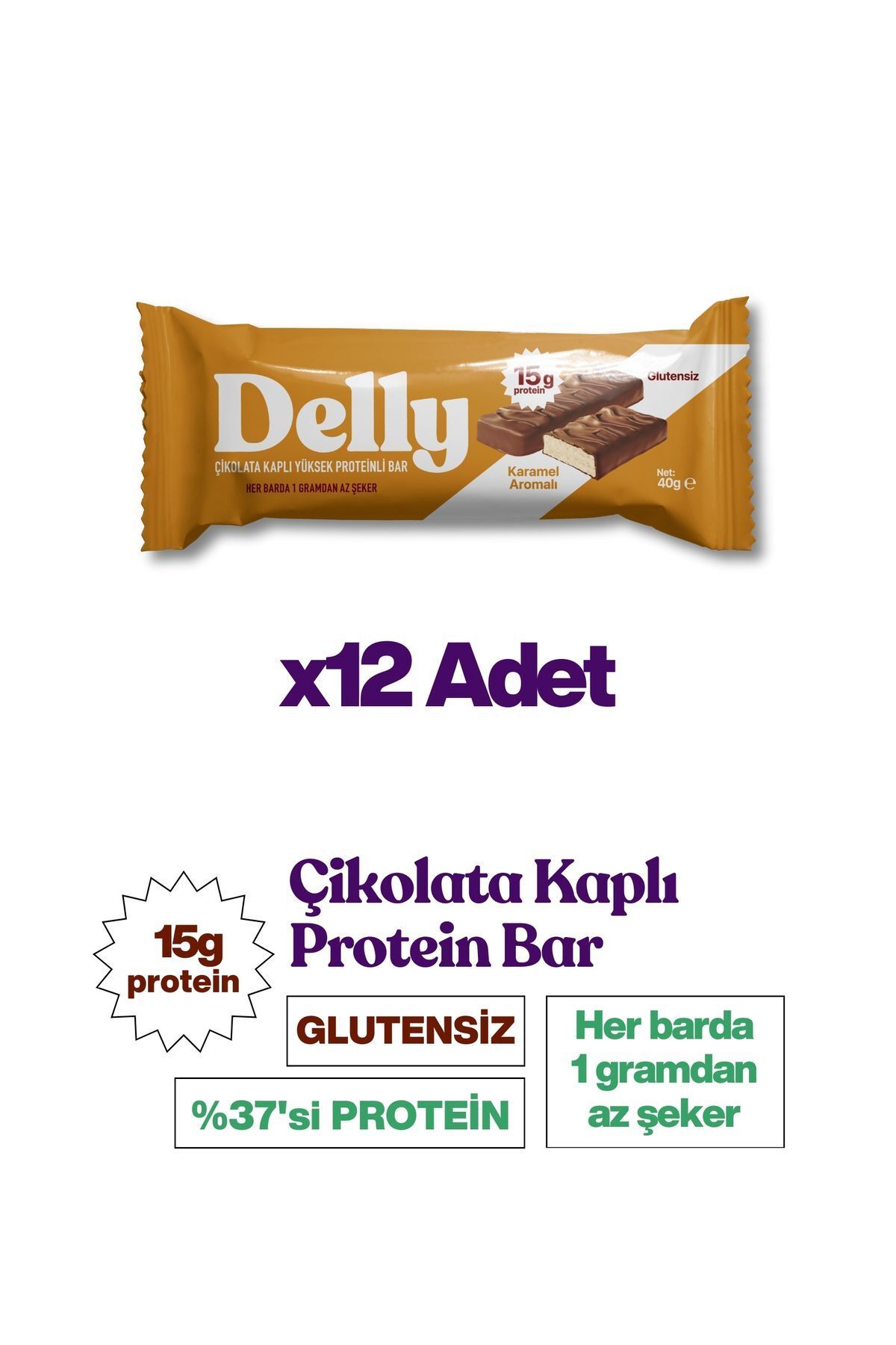 Delly 12 Adet Çikolata Kaplı, Yüksek Proteinli Bar, Karamel Aromalı 40g