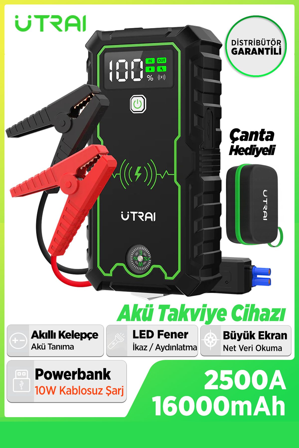 UTRAI Js-1 Pro 16000mah 2500a Jump Starter Taşınabilir Akü Takviye Cihazı Kablosuz Şarj Pusula Çanta Lamba