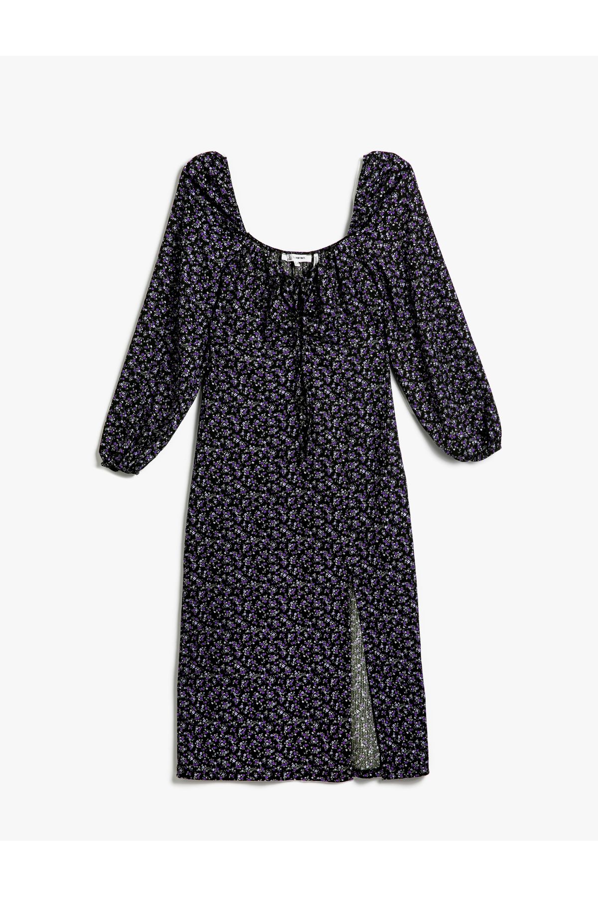 Koton-Geblümtes, geschlitztes Midikleid mit langen Ärmeln, eckigem Ausschnitt und Bindedetail vorne 6