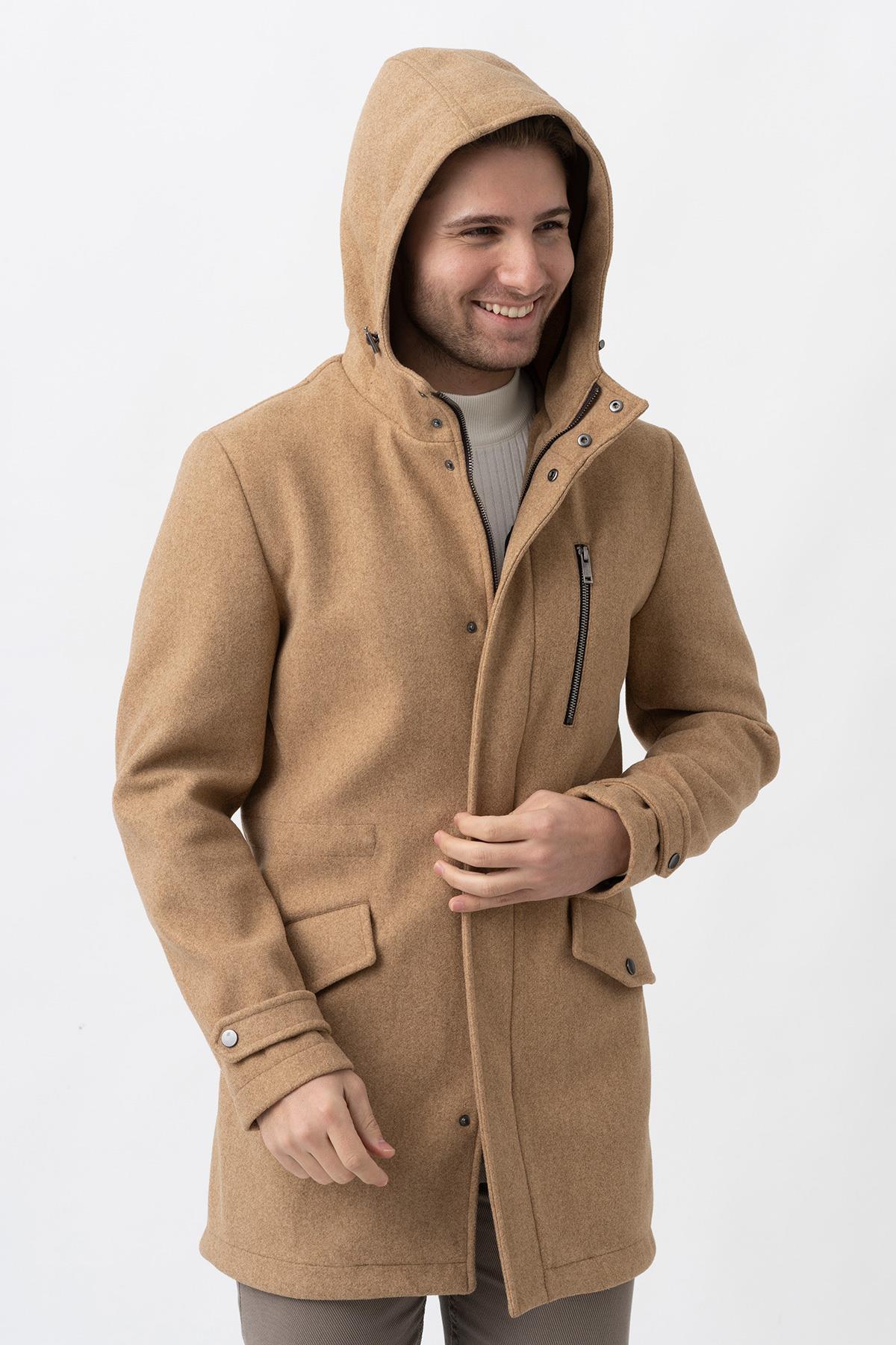 Bej Slim Fit Kapüşonlu Fermuar Kapamalı Cepli Kaşe Kaban — بژ WS24K242401 — تصویر 2 از 7