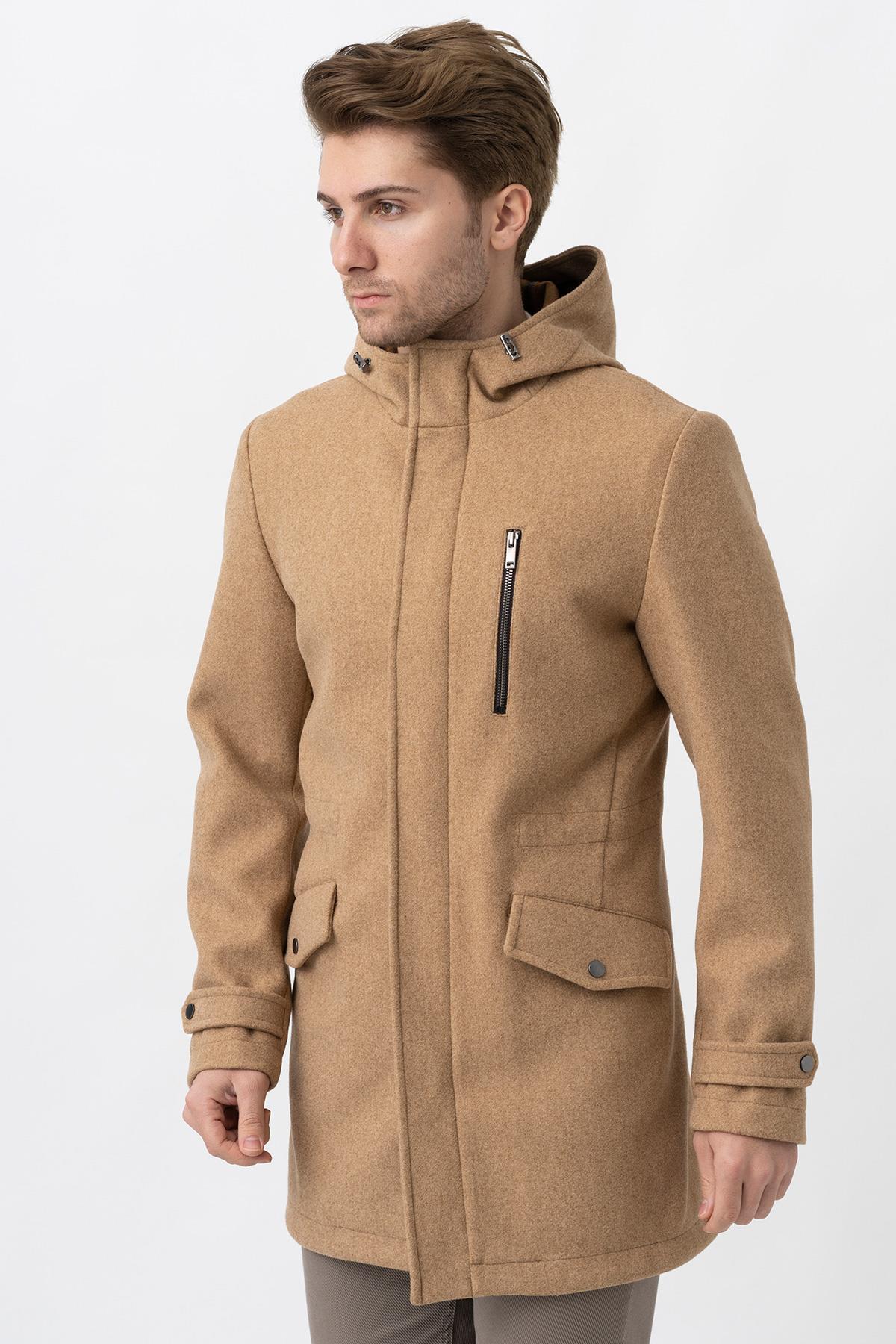 Bej Slim Fit Kapüşonlu Fermuar Kapamalı Cepli Kaşe Kaban — بژ WS24K242401 — تصویر 3 از 7