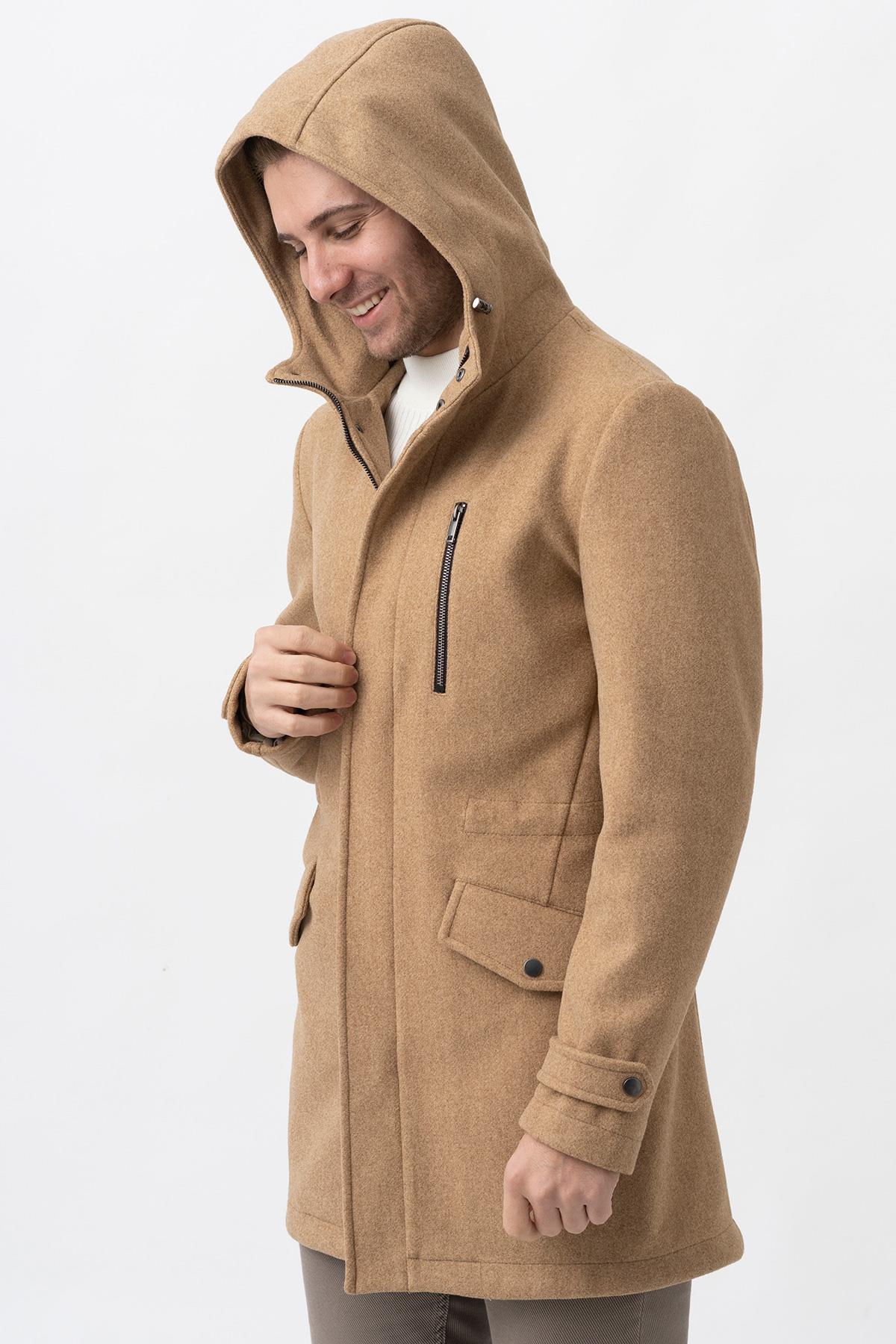 Bej Slim Fit Kapüşonlu Fermuar Kapamalı Cepli Kaşe Kaban — بژ WS24K242401 — تصویر 4 از 7