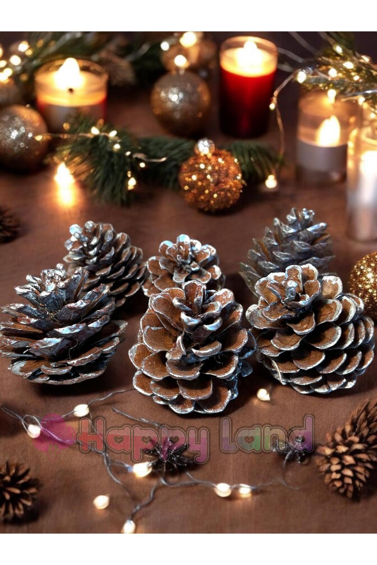 Happyland Yılbaşı Ağacı Süsü  Gümüş Yaldızlı Kozalak Süs 6 cm 6 Adet Kozalak Süs Büyük Boy