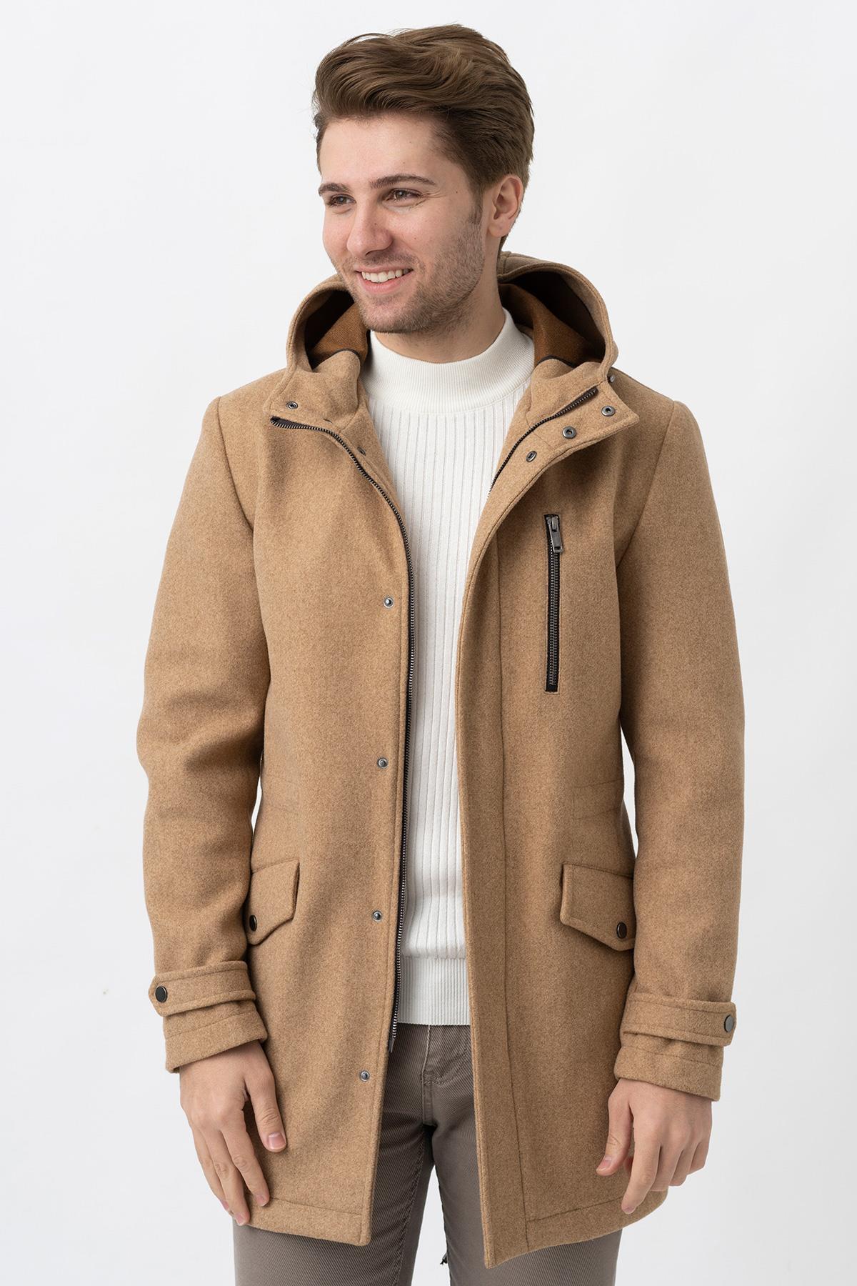 Bej Slim Fit Kapüşonlu Fermuar Kapamalı Cepli Kaşe Kaban — بژ WS24K242401 — تصویر 5 از 7