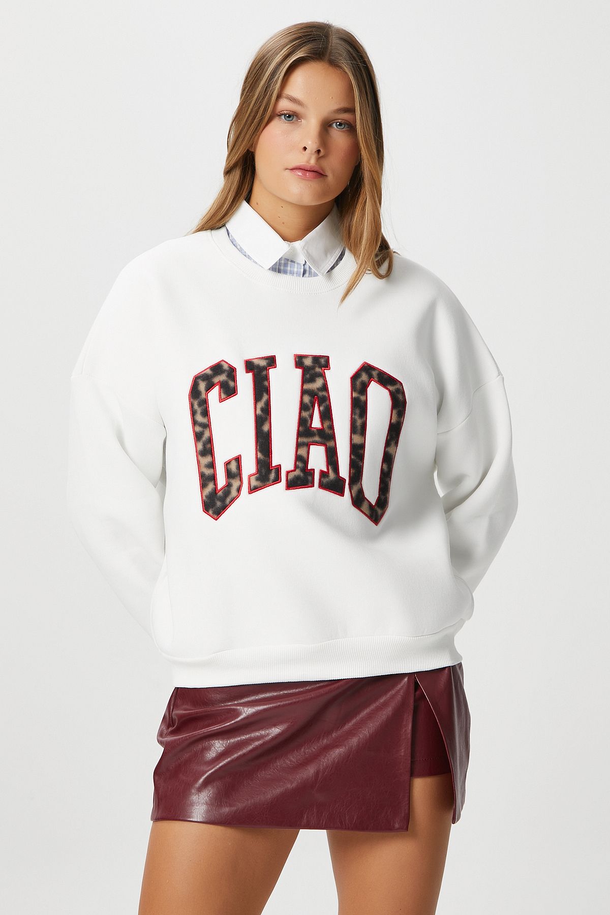 Ritnice-Γυναικείο μπλουζάκι Ciao Embroidered Fleece Inside Leopard Ecru Oversize Seeatshirt 2