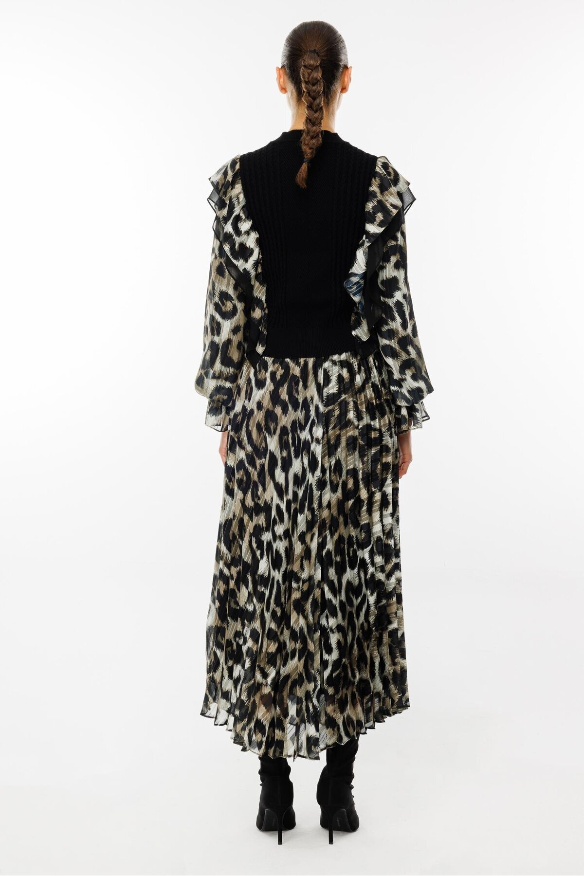 Moda İlgi-Khaki Knitwear Blouse - Chiffon Leopard Print, Fashionable Sleeves 8
