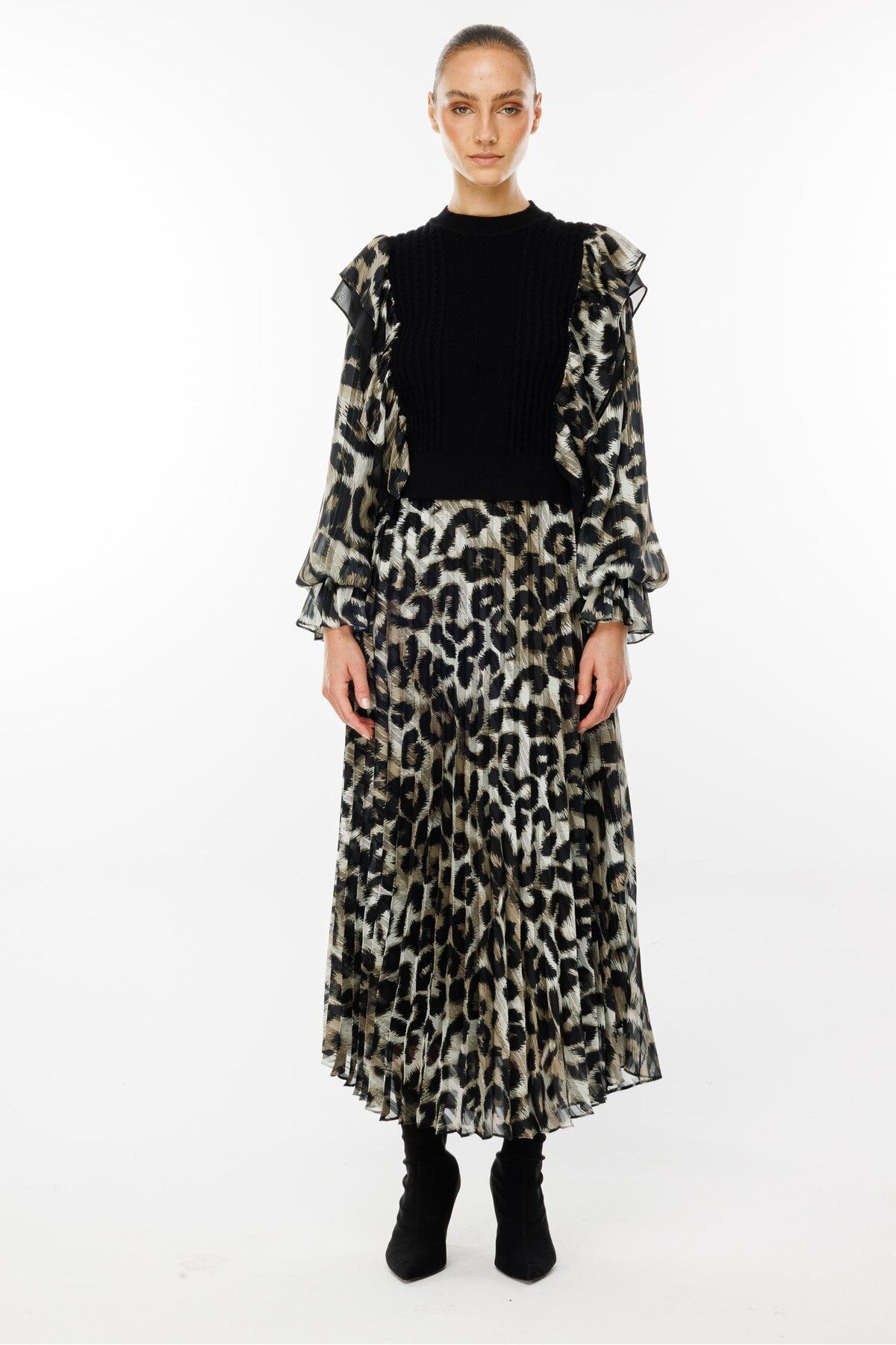 Moda İlgi-Khaki Knitwear Blouse - Chiffon Leopard Print, Fashionable Sleeves 5