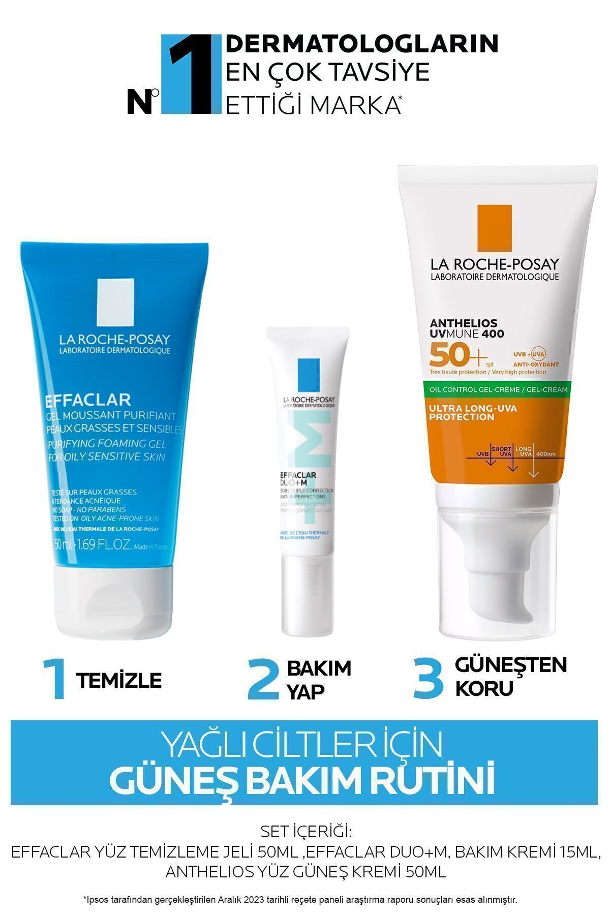 La Roche Posay Yağlı Ciltler İçin Cilt Bakım Seti: Temizleme Jeli& Duo M+ Bakım Kremi& Anthelios Güneş Kremi