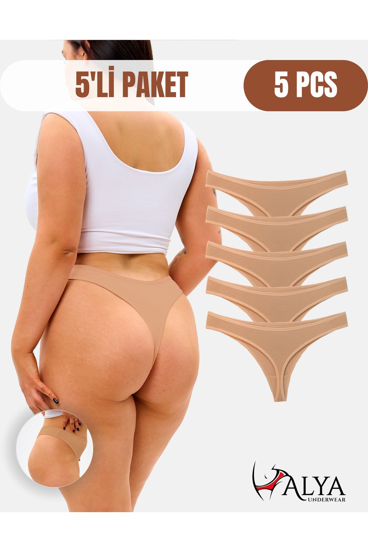 Kadın Pamuklu Tanga Külotlar - 5 Adet Ten Rengi (S, M, L, XL, 2XL) - 5 Adet