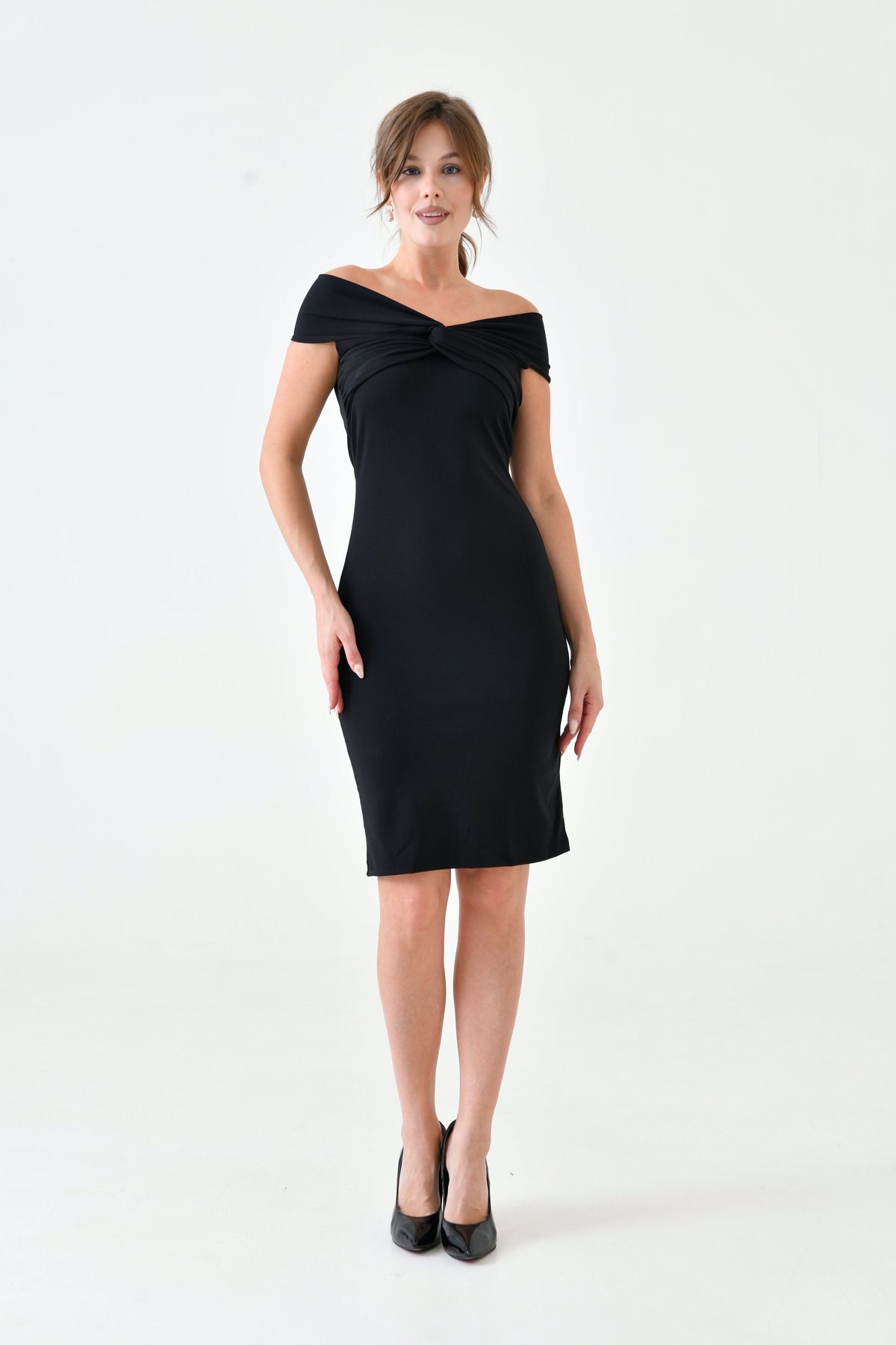 WOMAN VISION-Rochie de damă neagră cu mânecă scurtă din material elastic, lungime midi - 5038 6
