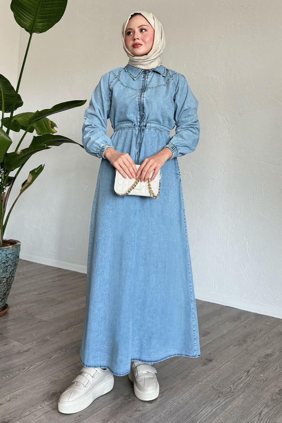 InStyle-Half Zipper Tunnel Belt Blue Denim Dress 5