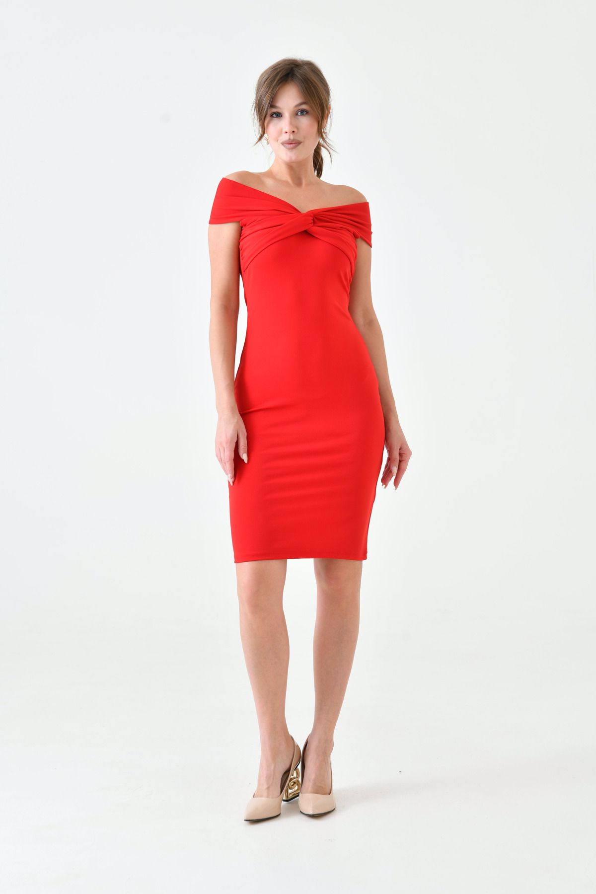 WOMAN VISION-Dehnbares Tauchergewebe für Damen, kurzärmlig, mittellang, rotes Kleid 5038 4