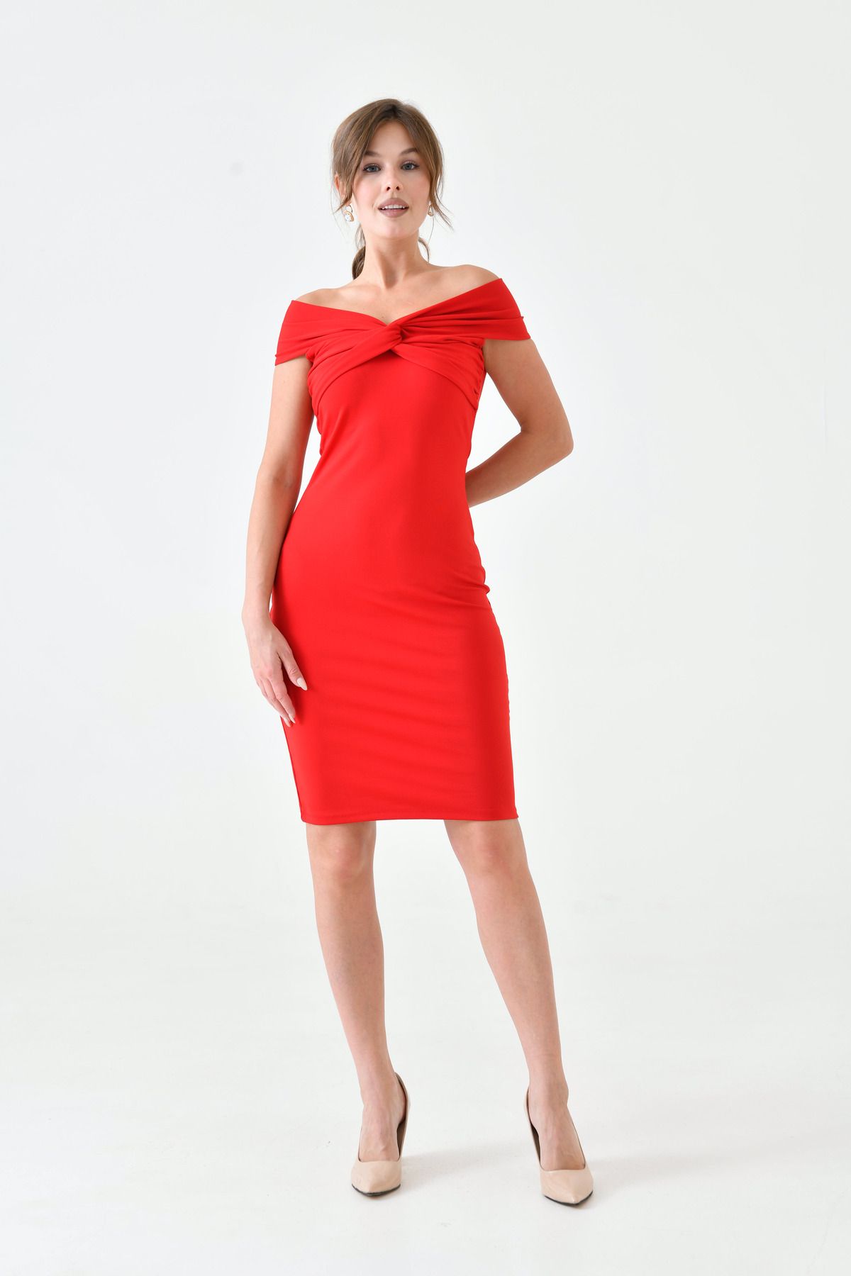 WOMAN VISION-Dehnbares Tauchergewebe für Damen, kurzärmlig, mittellang, rotes Kleid 5038 7