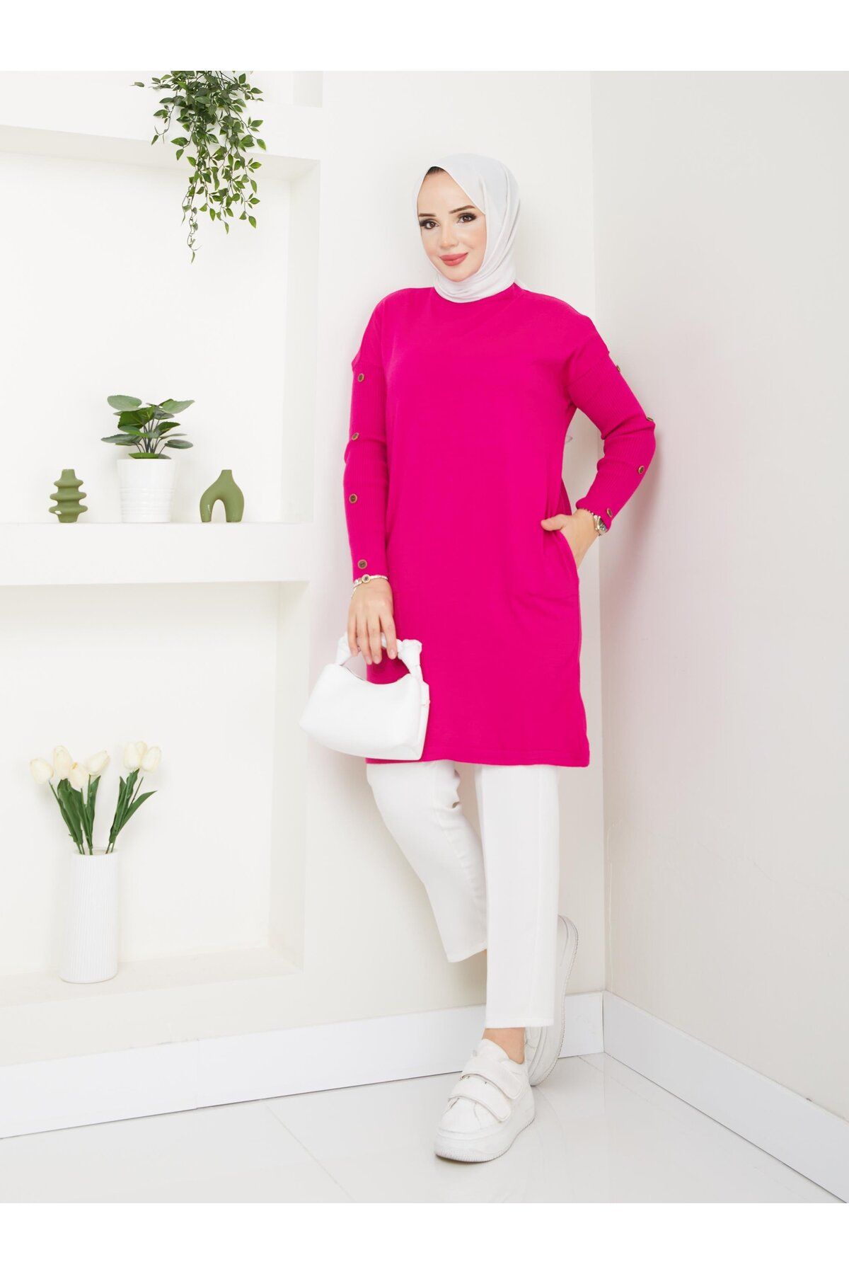 modabef-Long Buttoned Knitwear Tunic - Fuchsia 2129 5