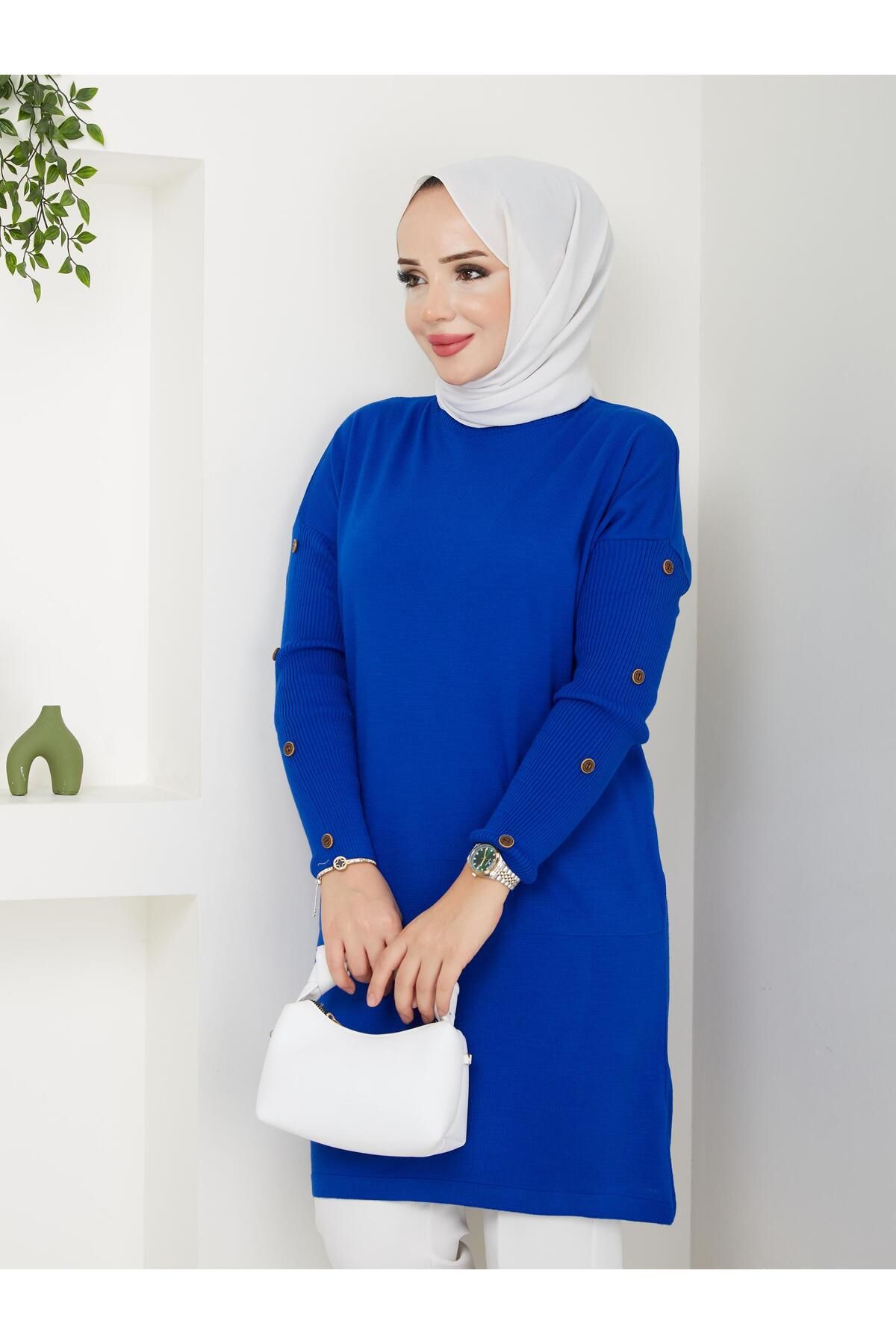 modabef-Long Buttoned Knitwear Tunic - Saks Blue 2129 5