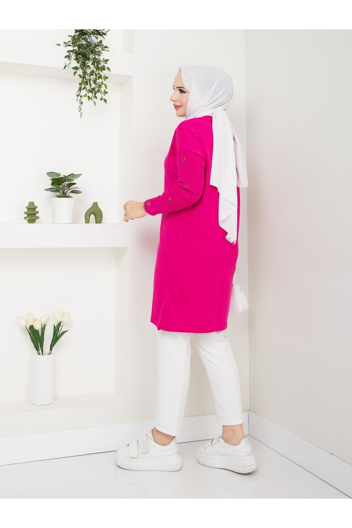 modabef-Long Buttoned Knitwear Tunic - Fuchsia 2129 7