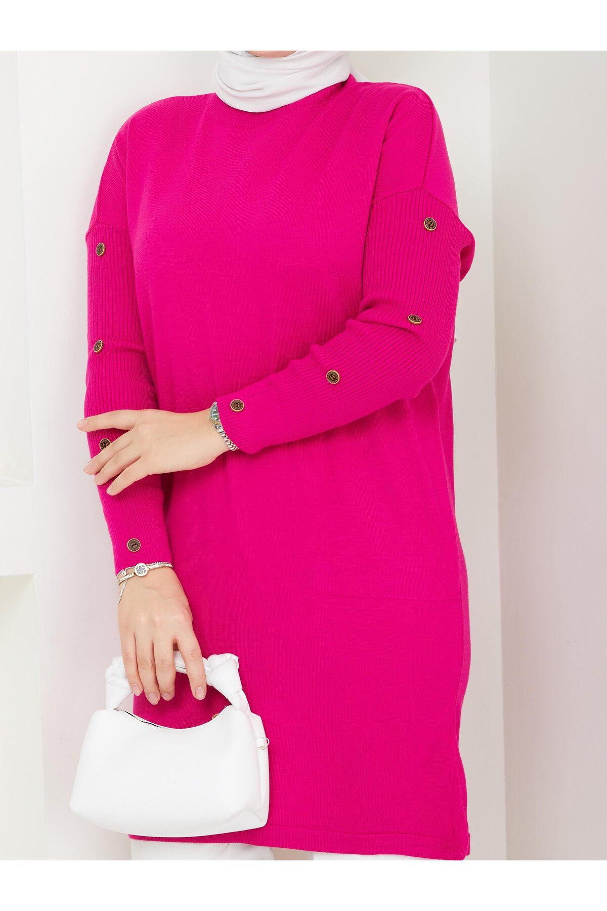 modabef-Long Buttoned Knitwear Tunic - Fuchsia 2129 4