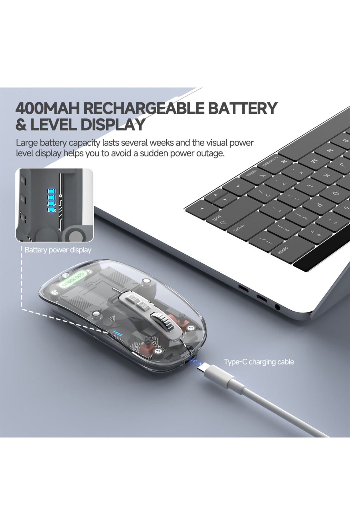 GOOJODOQ-Transparent Magnetic 3 Modes Wireless Bluetooth Mouse 2.4G USB 2400DPI Adjustable for ipad Mipad ... 6