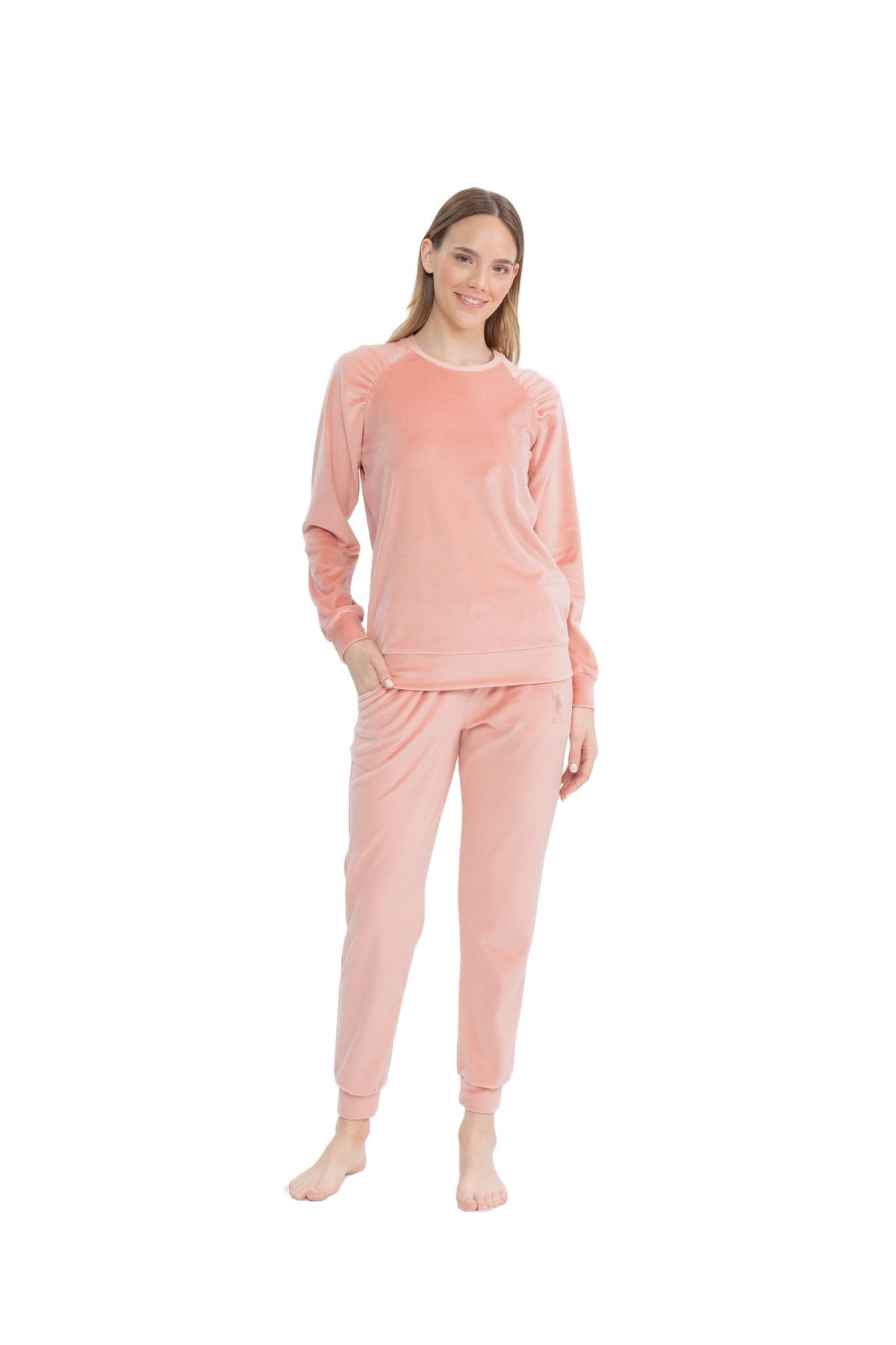 U.S. Polo Assn.-17092 Women's Long Sleeve Velvet Comfortable Pajamas Set with Elastic Legs Home Wear 1