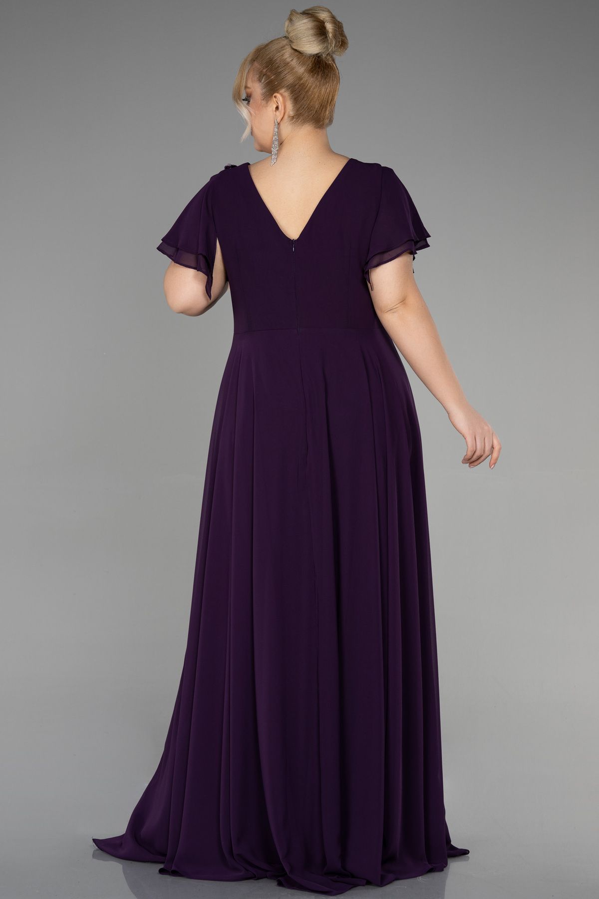 Abiyefon-V-Neck Purple Chiffon Evening Dress with Stone Detail - Short Sleeve, Plus Size, Abu1562 2