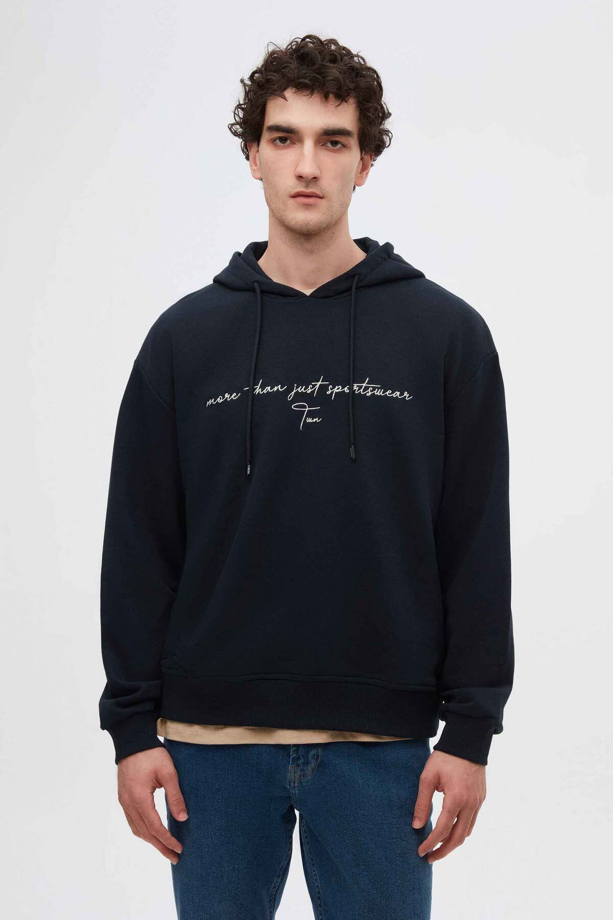 Twn-Relaxed Fit Navy Blue Embroidered 3 Thread Hooded Sweatshirt 1