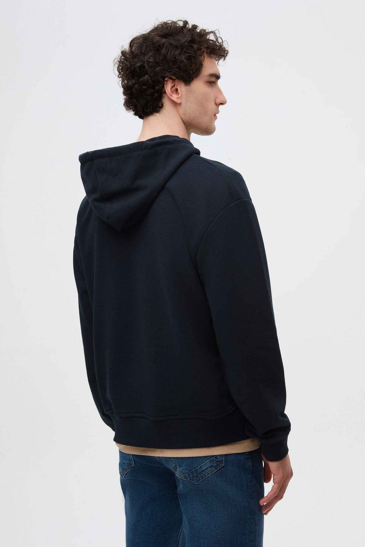 Twn-Relaxed Fit Navy Blue Embroidered 3 Thread Hooded Sweatshirt 3