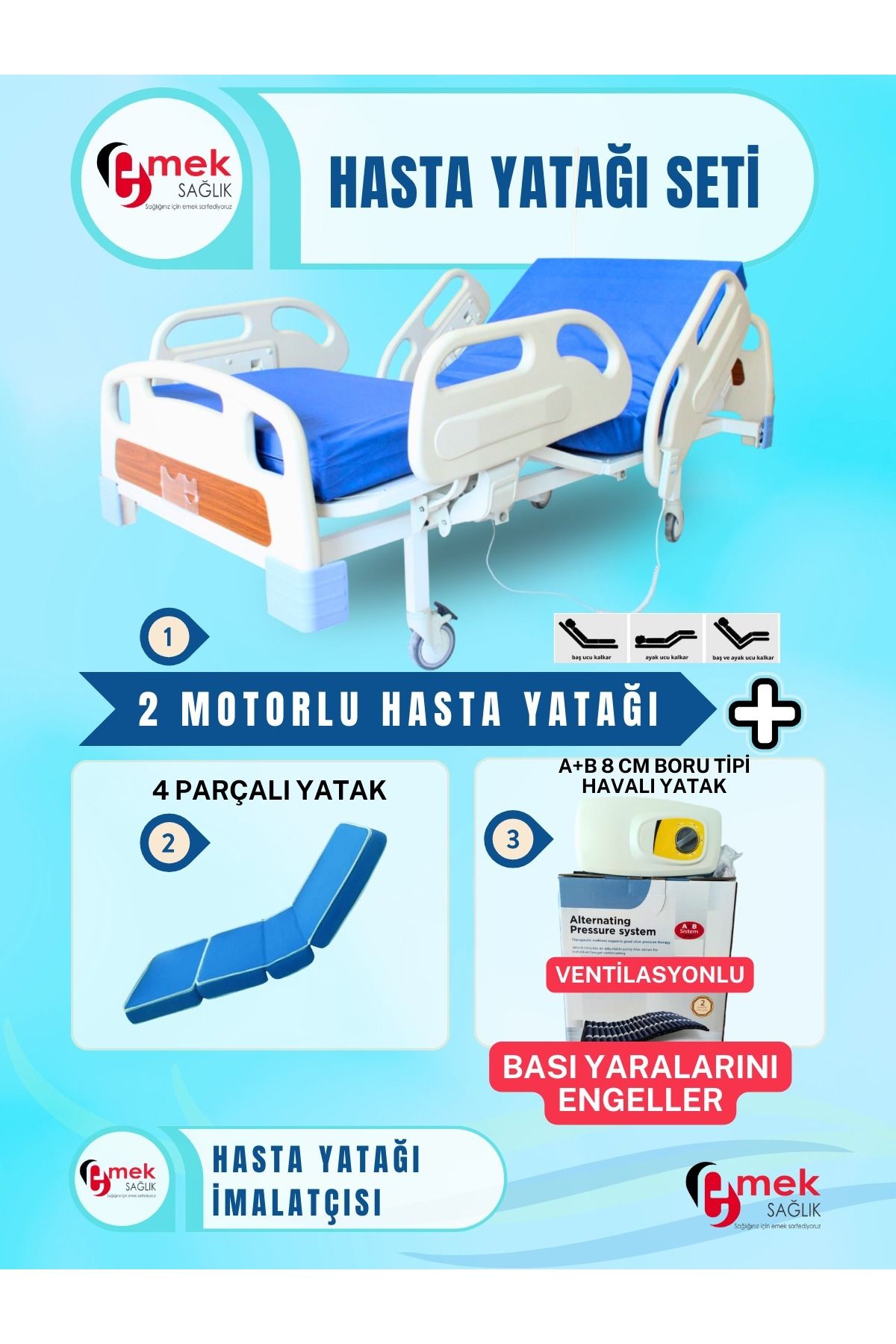 emek sağlık 2 Motorlu Full Abs Hasta Karyolası + 4 Parçalı Yatak + A+B 8 cm Boru Tipi Havalı Yatak