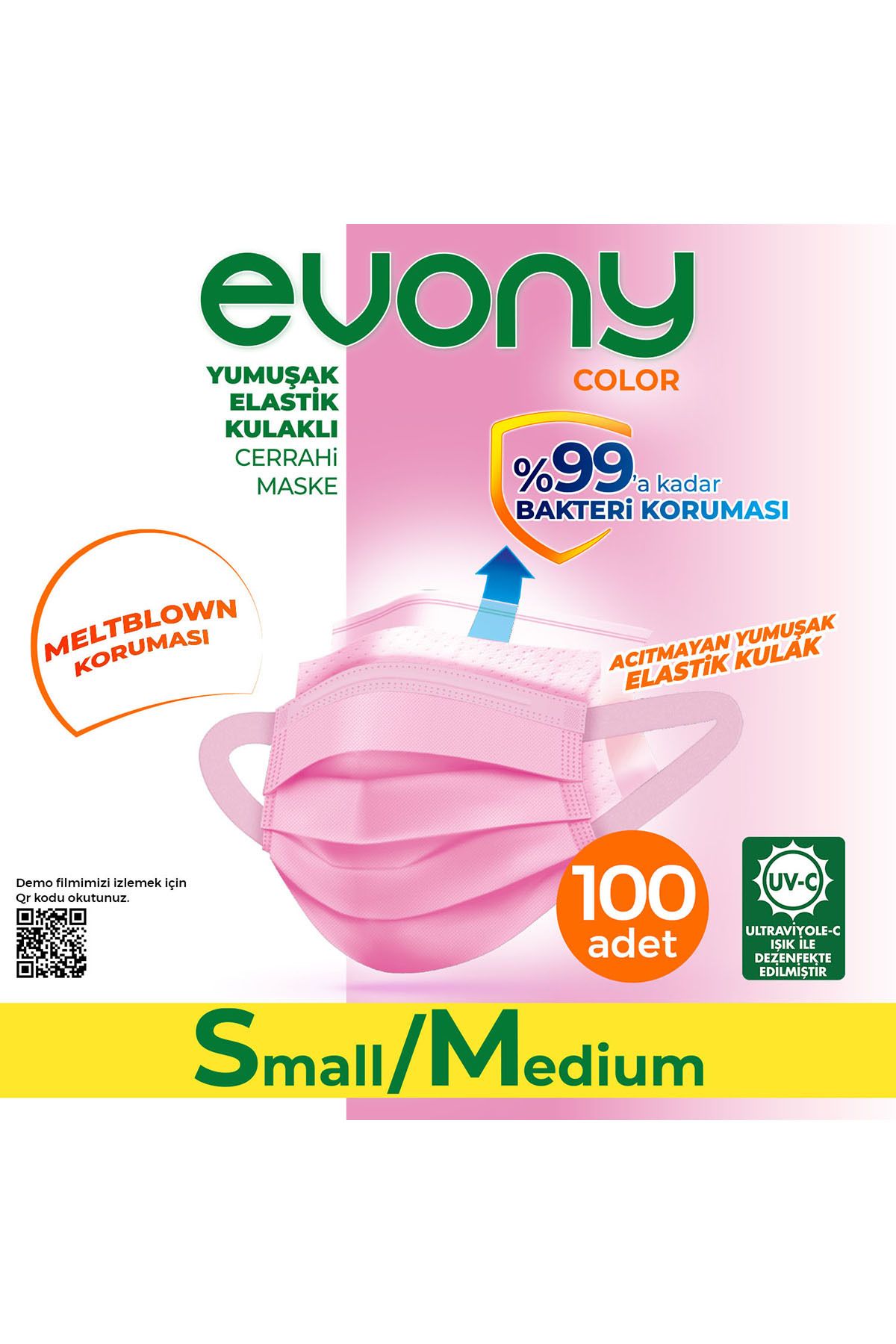 Evony Color Pembe Yumuşak Elastik Kulaklı Maske 100 Adet