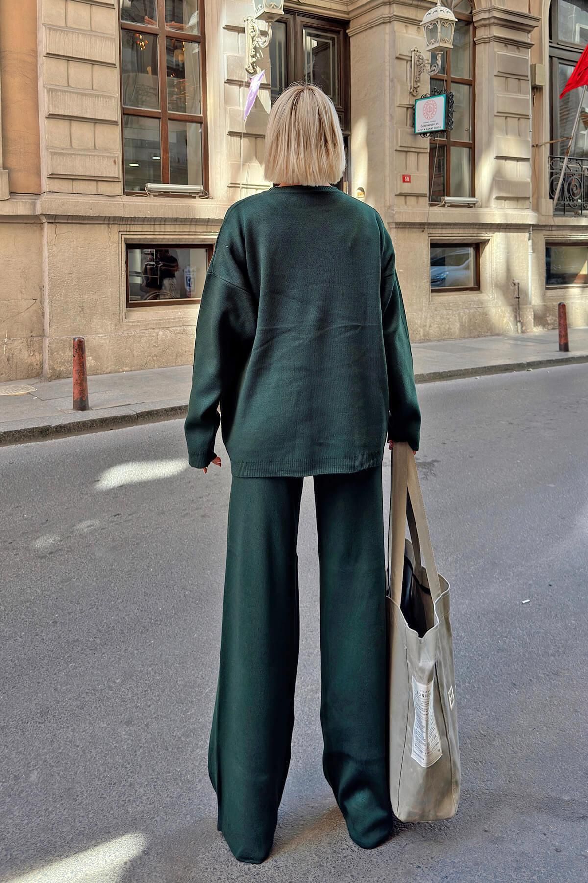 Swist-Green Oversize Sweater and Trousers Set - Crew Neck Knitted Women's Set 5