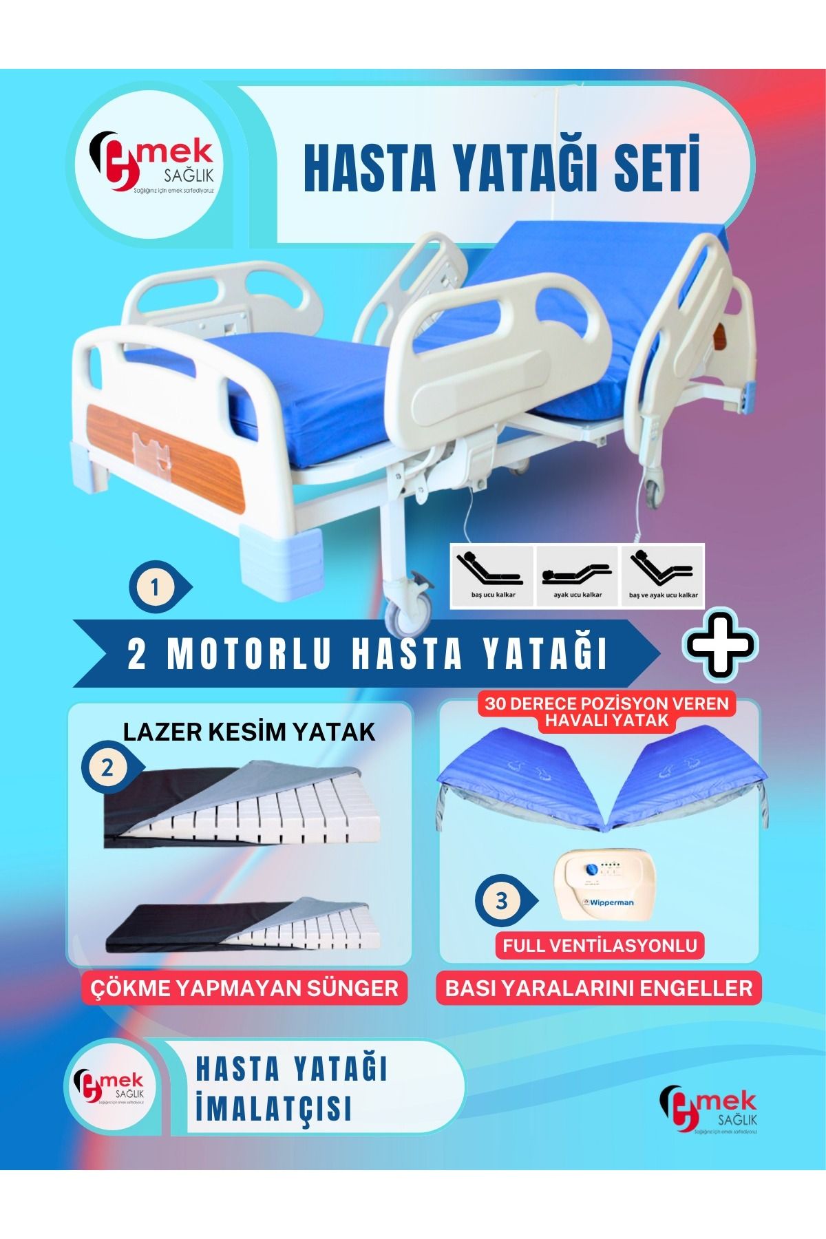 emek sağlık 2 Motorlu Full Abs Hasta Karyolası + Cnc Lazer Kesim Yatak + 30 Derece Pozisyon Veren Havalı Yatak