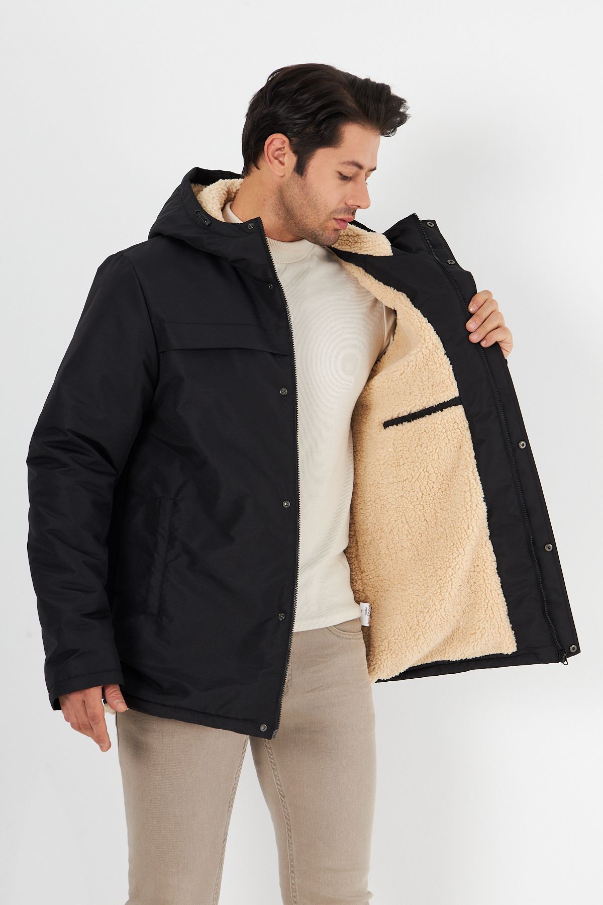 D1fference-Men's Black Sheepskin Hooded Windproof Winter Coat & Coat & Parka 1