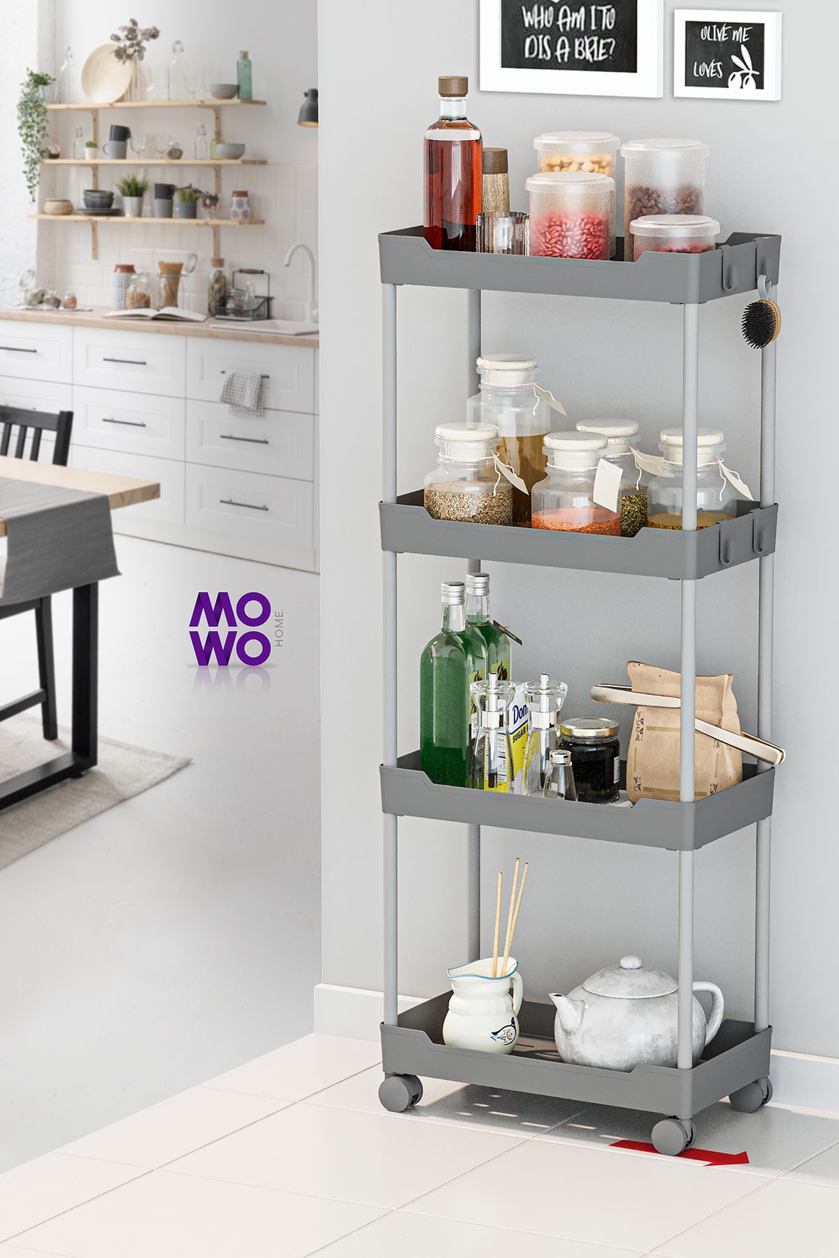 Mowo Home Mowo 4 Katlı Tekerlekli Mutfak Rafı, Banyo Rafı, Kitaplık, Düzenleyici Açık dolap