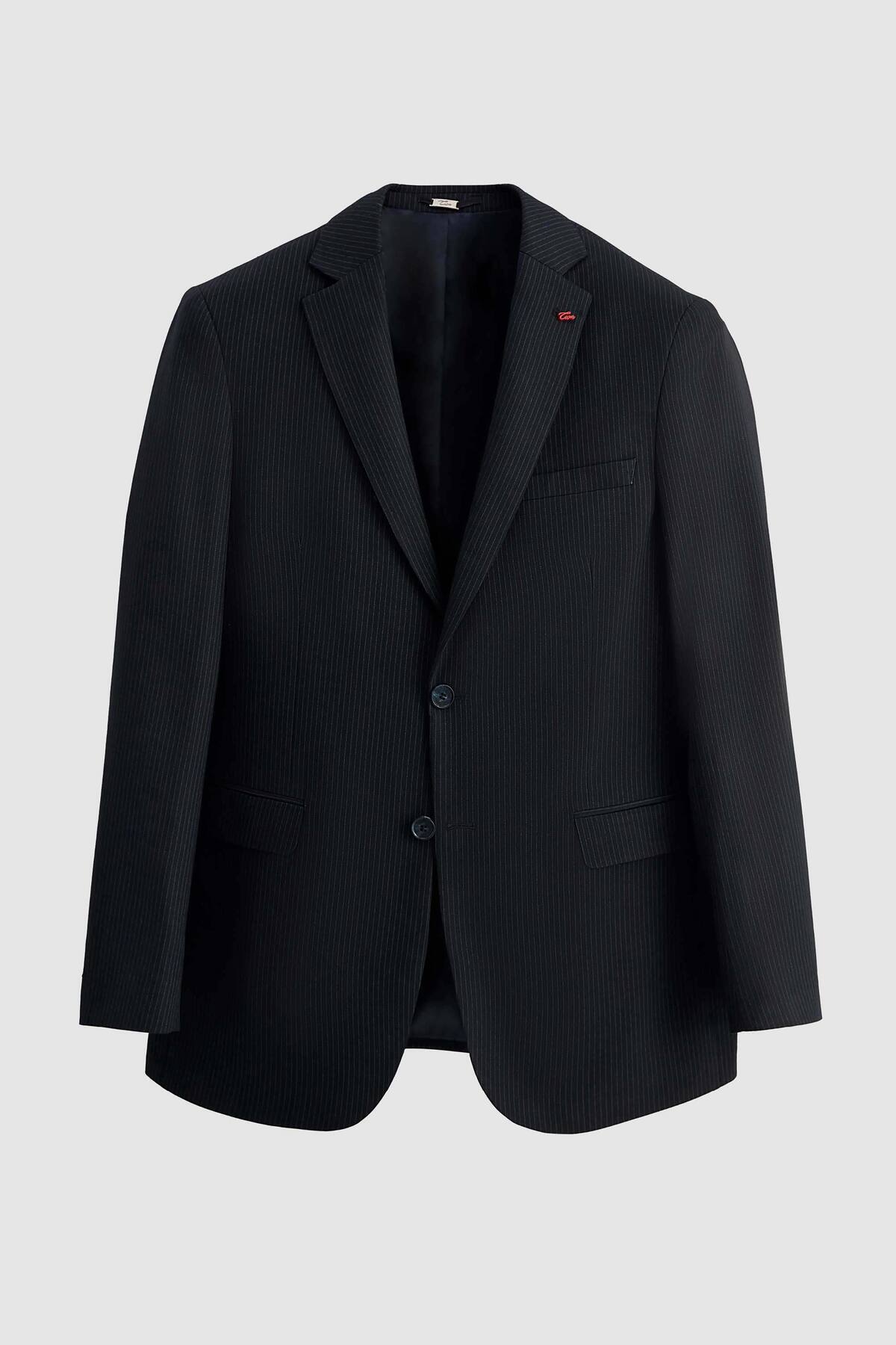  کت و شلوار طرح دار راه راه سرمه ای اسلیم فیت با جلیقه