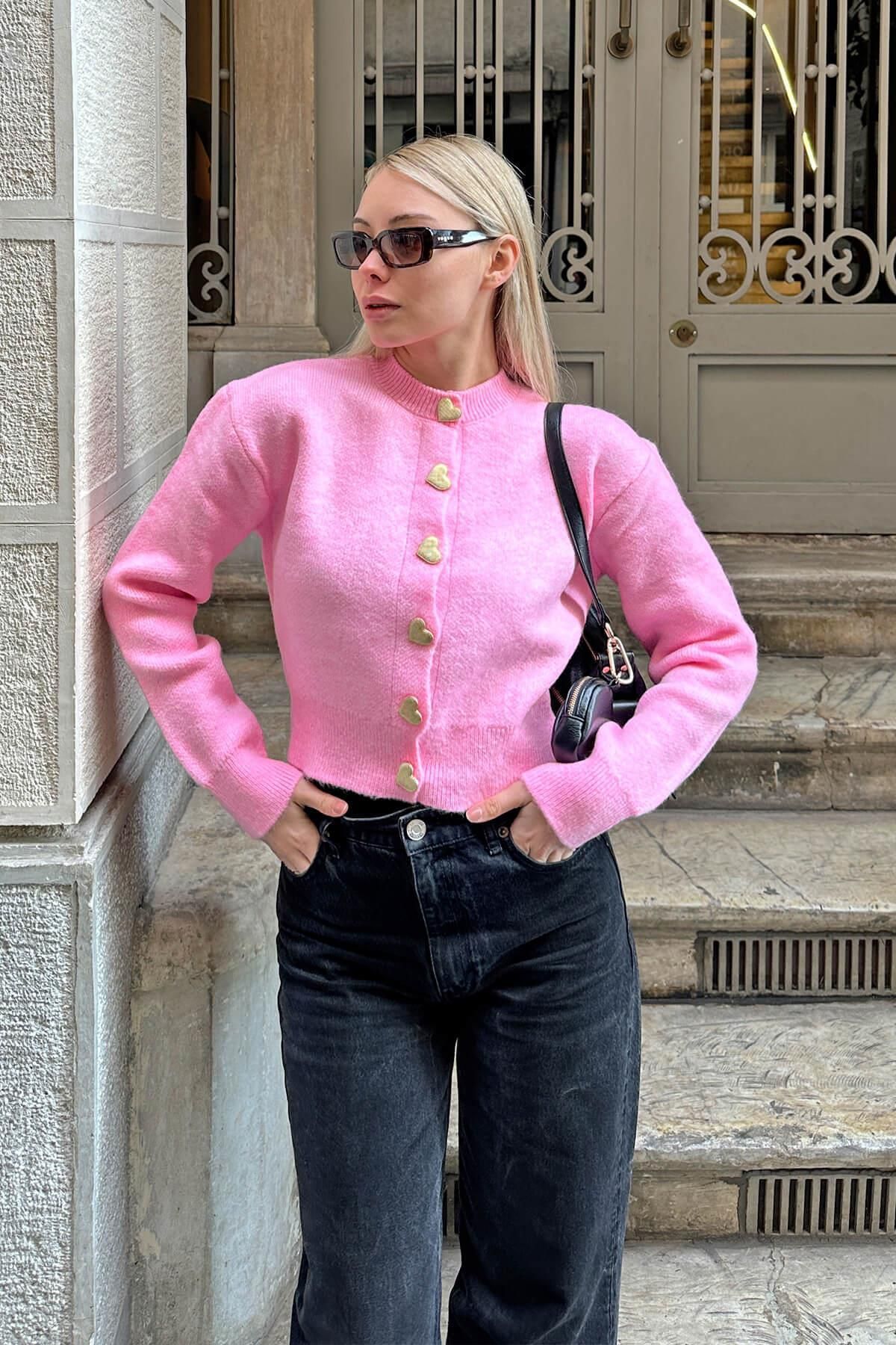 Swist-Pink Heart Gold szívgombos női kötöttáru kardigán 4