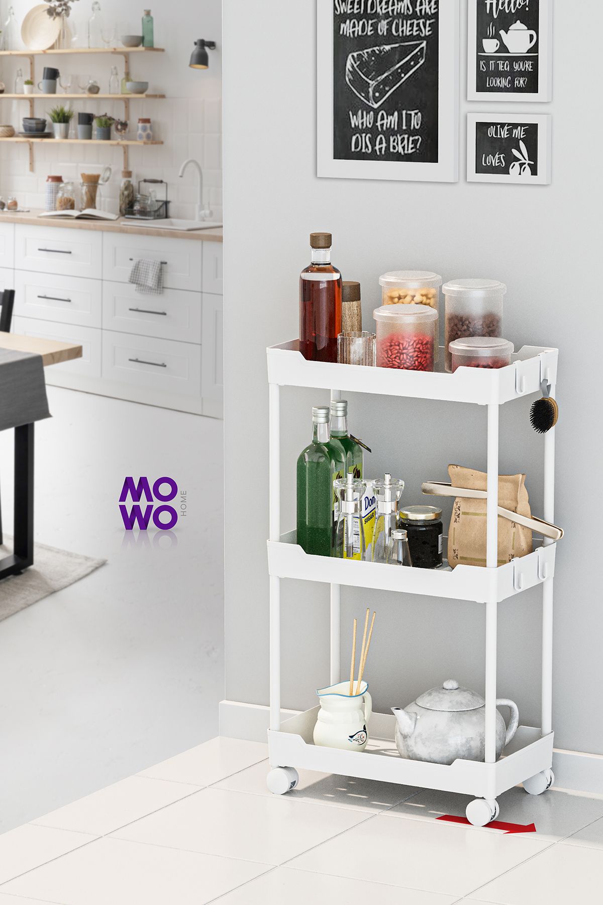 Mowo Home Mowo 3 Katlı Tekerlekli Mutfak Rafı, Banyo Rafı, Kitaplık, Düzenleyici Açık dolap
