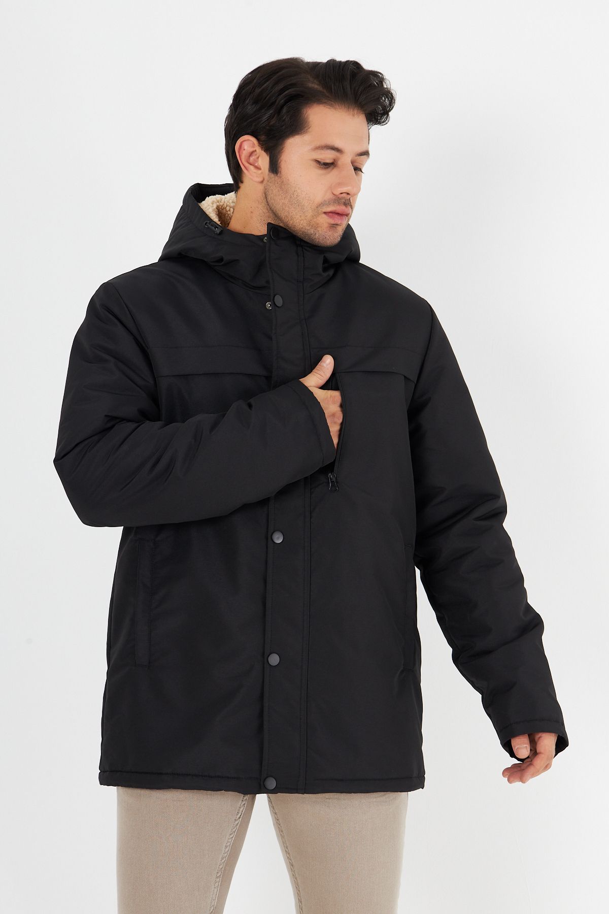 D1fference-Men's Black Sheepskin Hooded Windproof Winter Coat & Coat & Parka 6